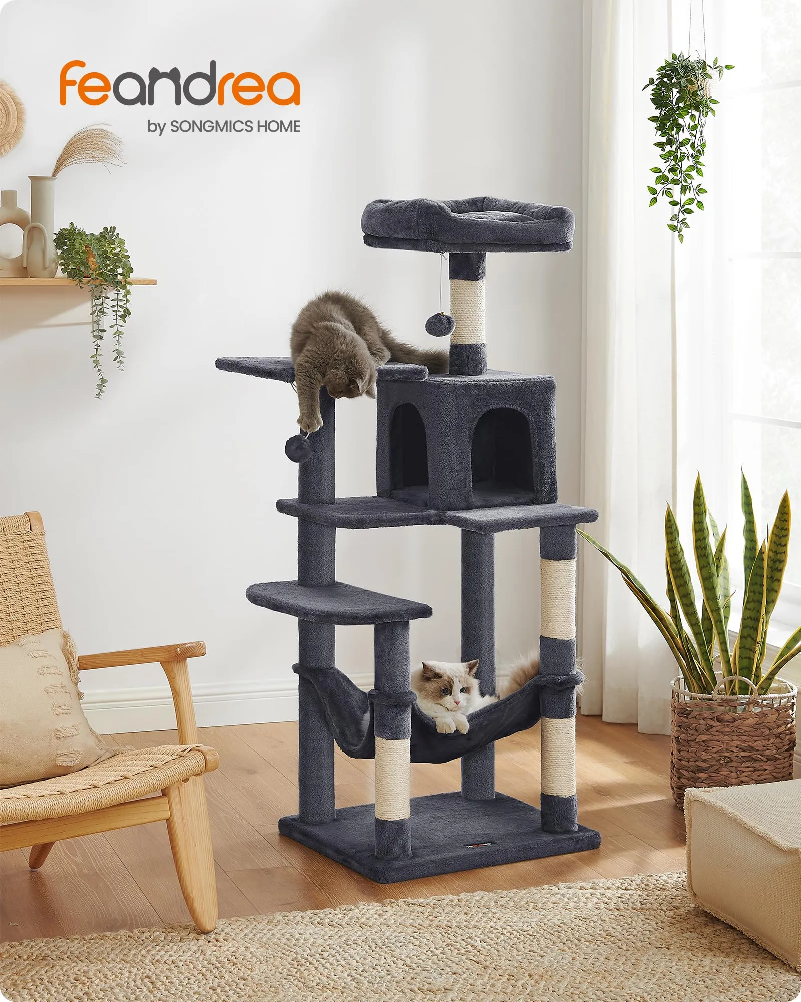 Feandrea Albero per Gatti, 143 cm, 4 Pali Graffiatoi, Multi Livello, Grigio Scuro - immagine 2