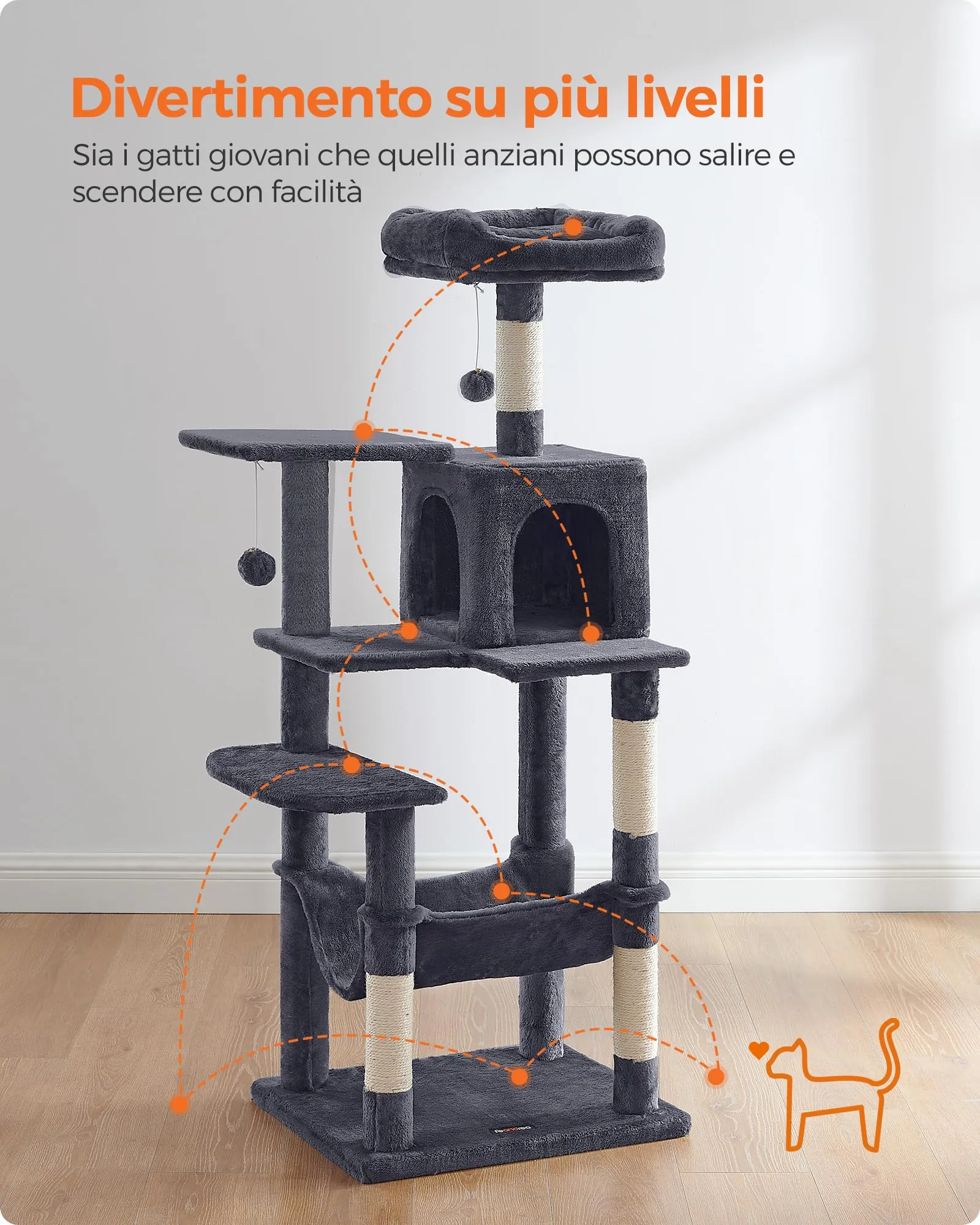 Feandrea Albero per Gatti, 143 cm, 4 Pali Graffiatoi, Multi Livello, Grigio Scuro - immagine 3