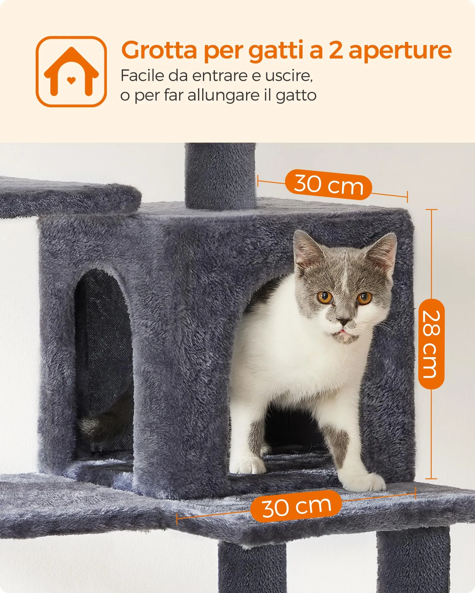 Feandrea Albero per Gatti, 143 cm, 4 Pali Graffiatoi, Multi Livello, Grigio Scuro - immagine 5
