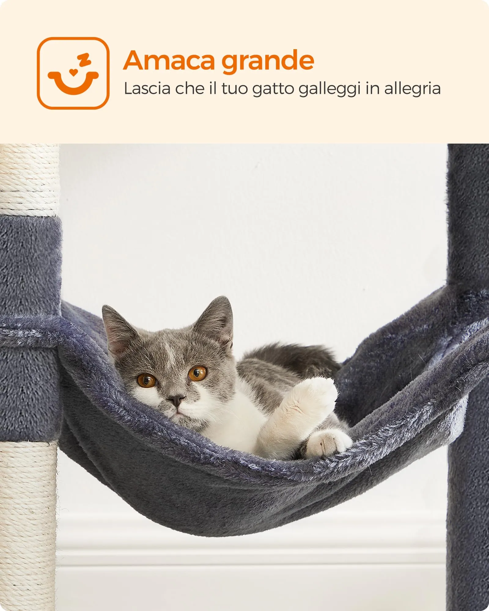 Feandrea Albero per Gatti, 143 cm, 4 Pali Graffiatoi, Multi Livello, Grigio Scuro - immagine 6