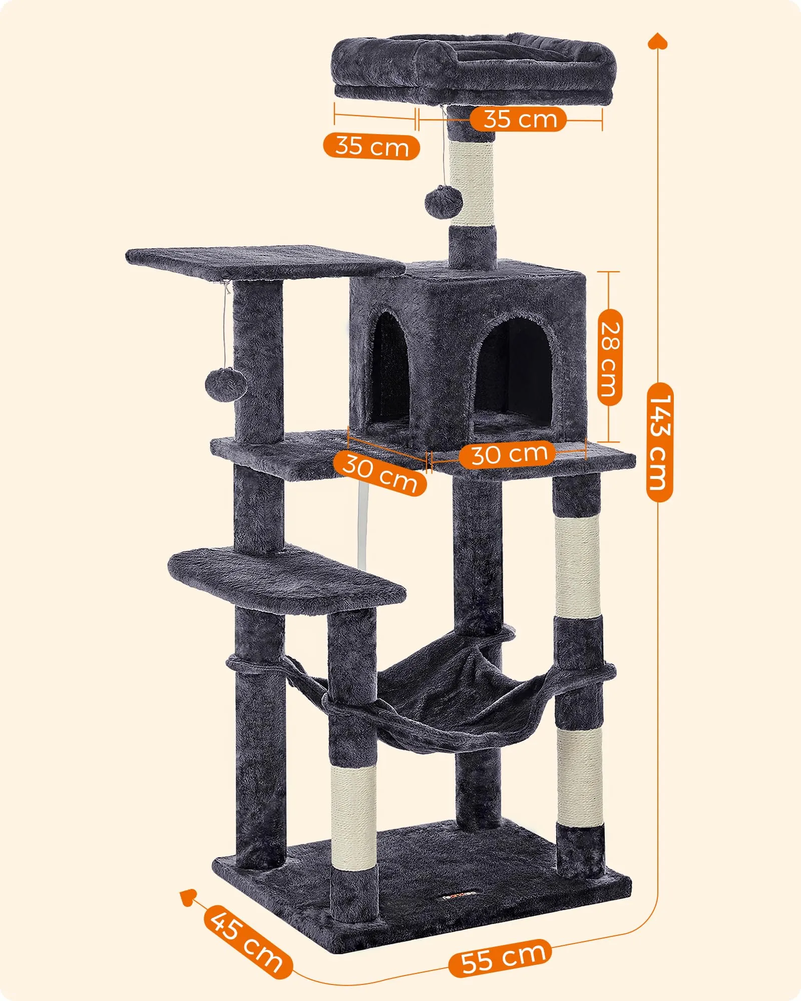 Feandrea Albero per Gatti, 143 cm, 4 Pali Graffiatoi, Multi Livello, Grigio Scuro - immagine 7