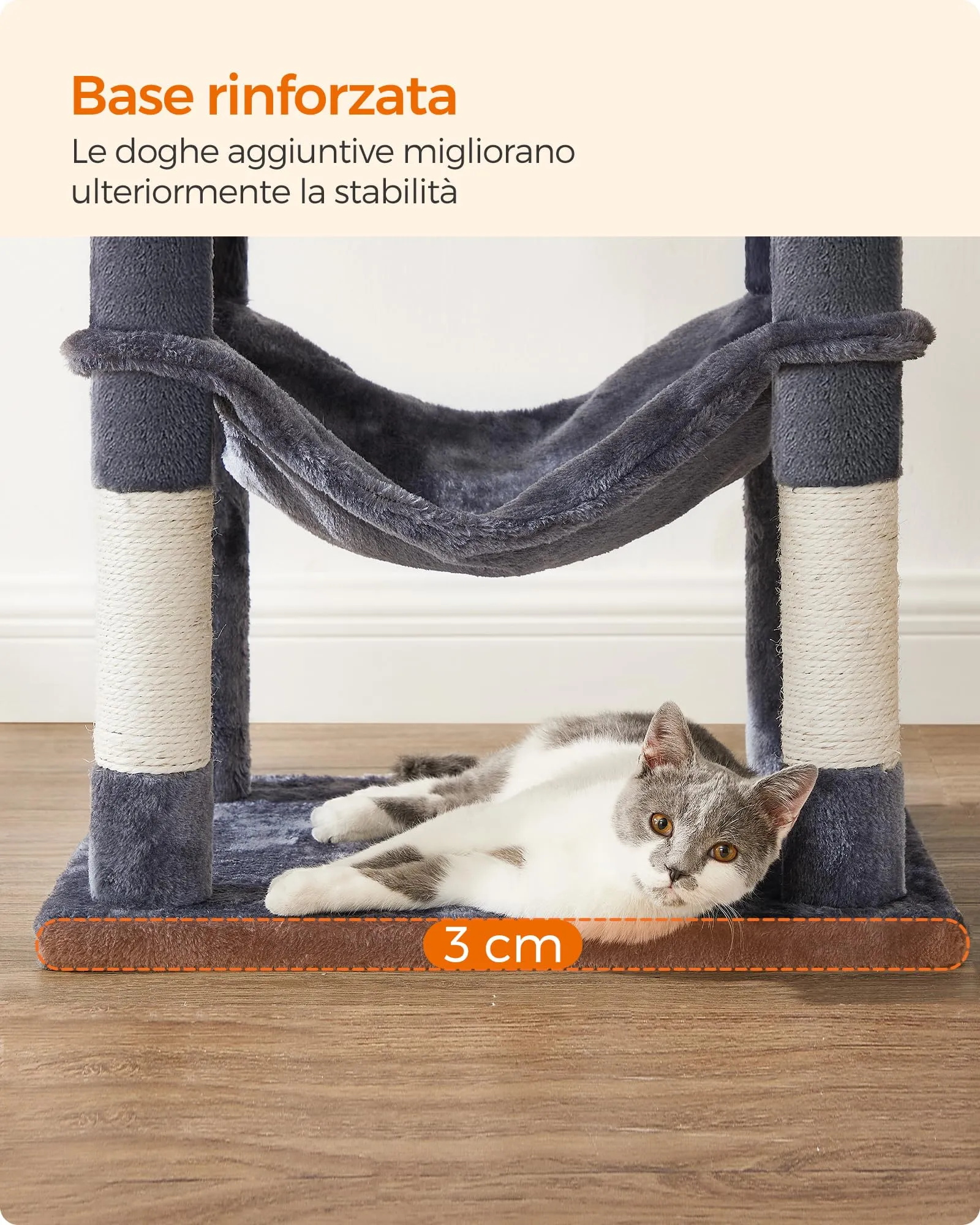 Feandrea Albero per Gatti, 143 cm, 4 Pali Graffiatoi, Multi Livello, Grigio Scuro - immagine 9