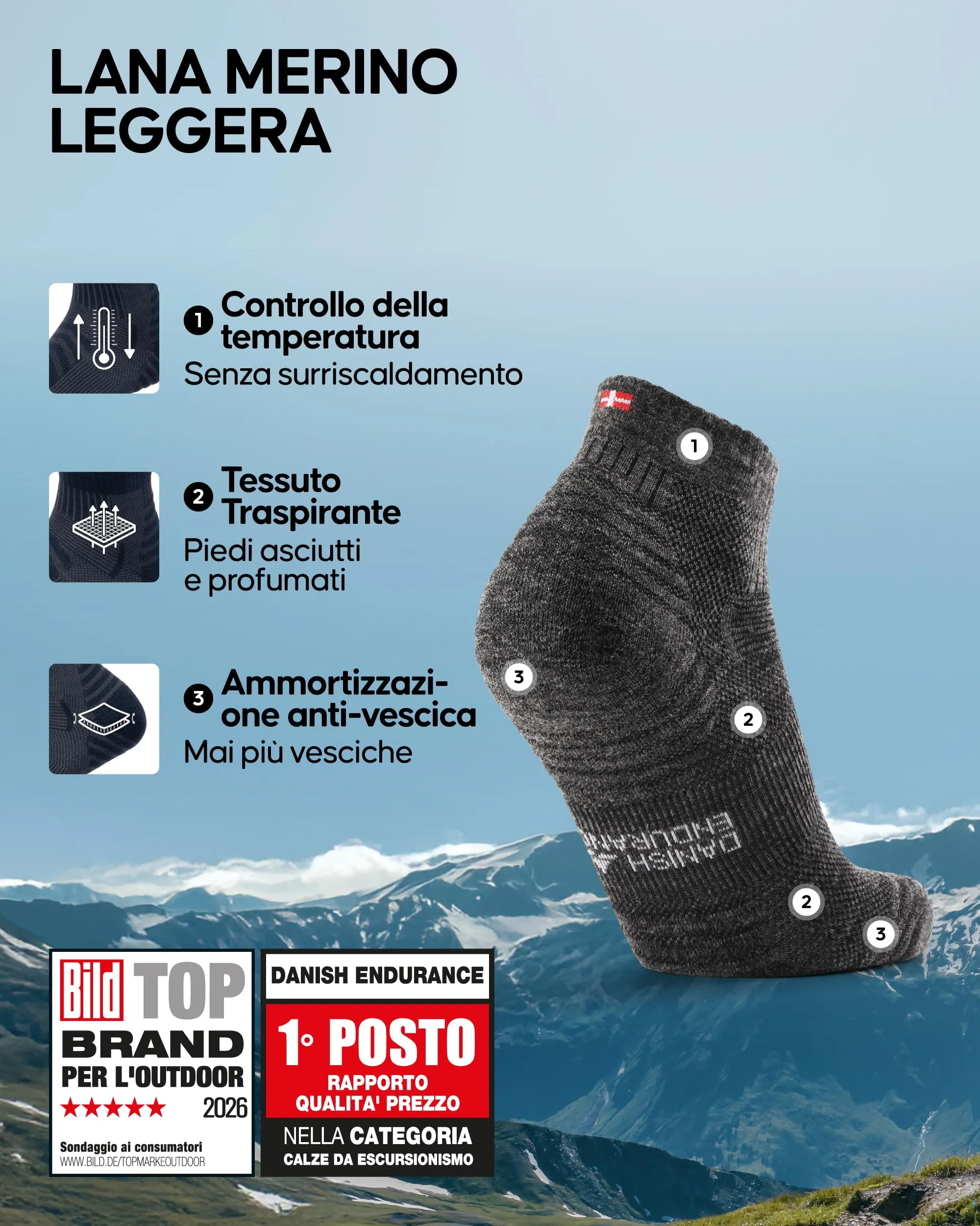 Danish Endurance Calze Trekking Corte Merino, 3 Paia, Grigio, 43-47 - immagine 2