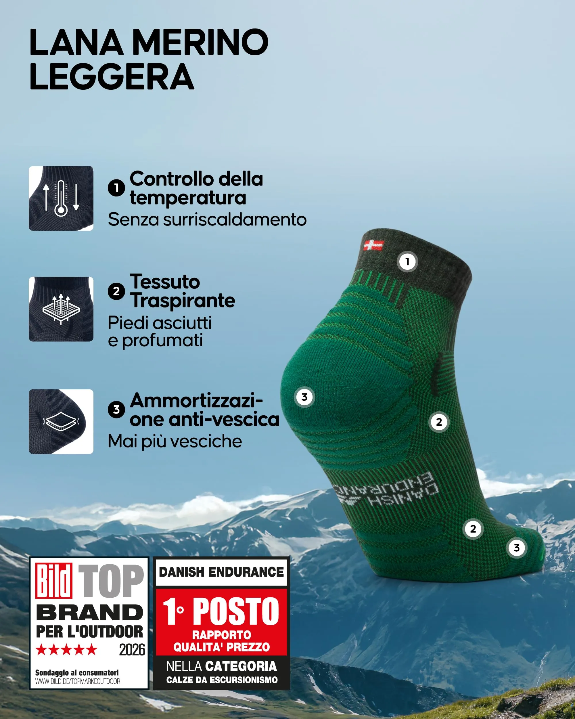 Danish Endurance Calze Trekking Corte Merino, 3 Paia, Multicolore, 39-42 - immagine 2
