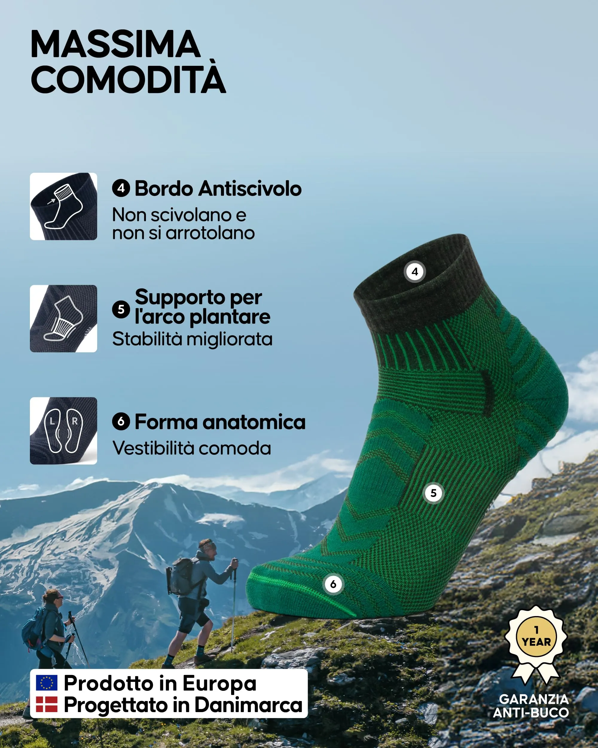 Danish Endurance Calze Trekking Corte Merino, 3 Paia, Multicolore, 39-42 - immagine 3