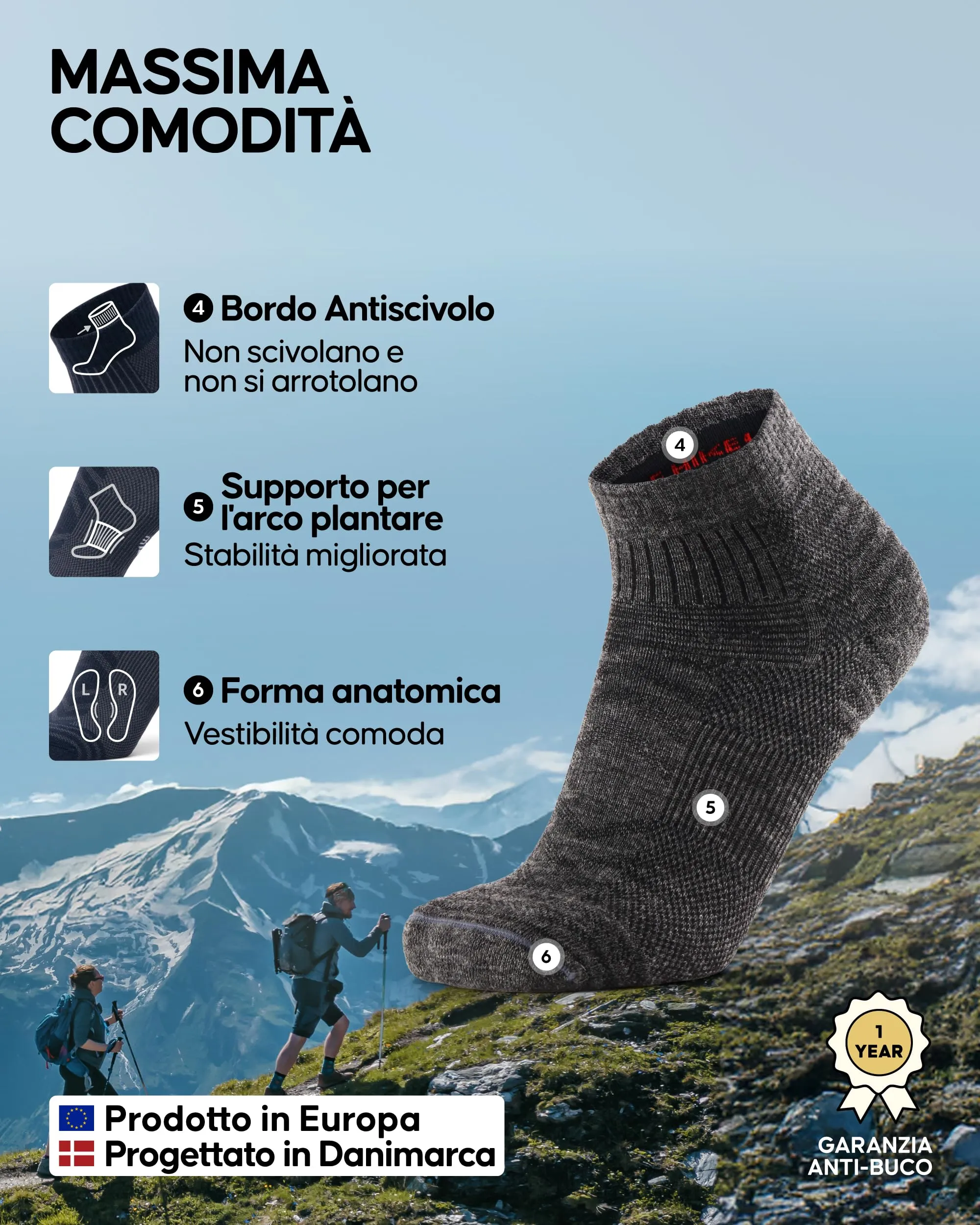 Danish Endurance Calze Trekking Corte Merino, 3 Paia, Grigio, 39-42 - immagine 3