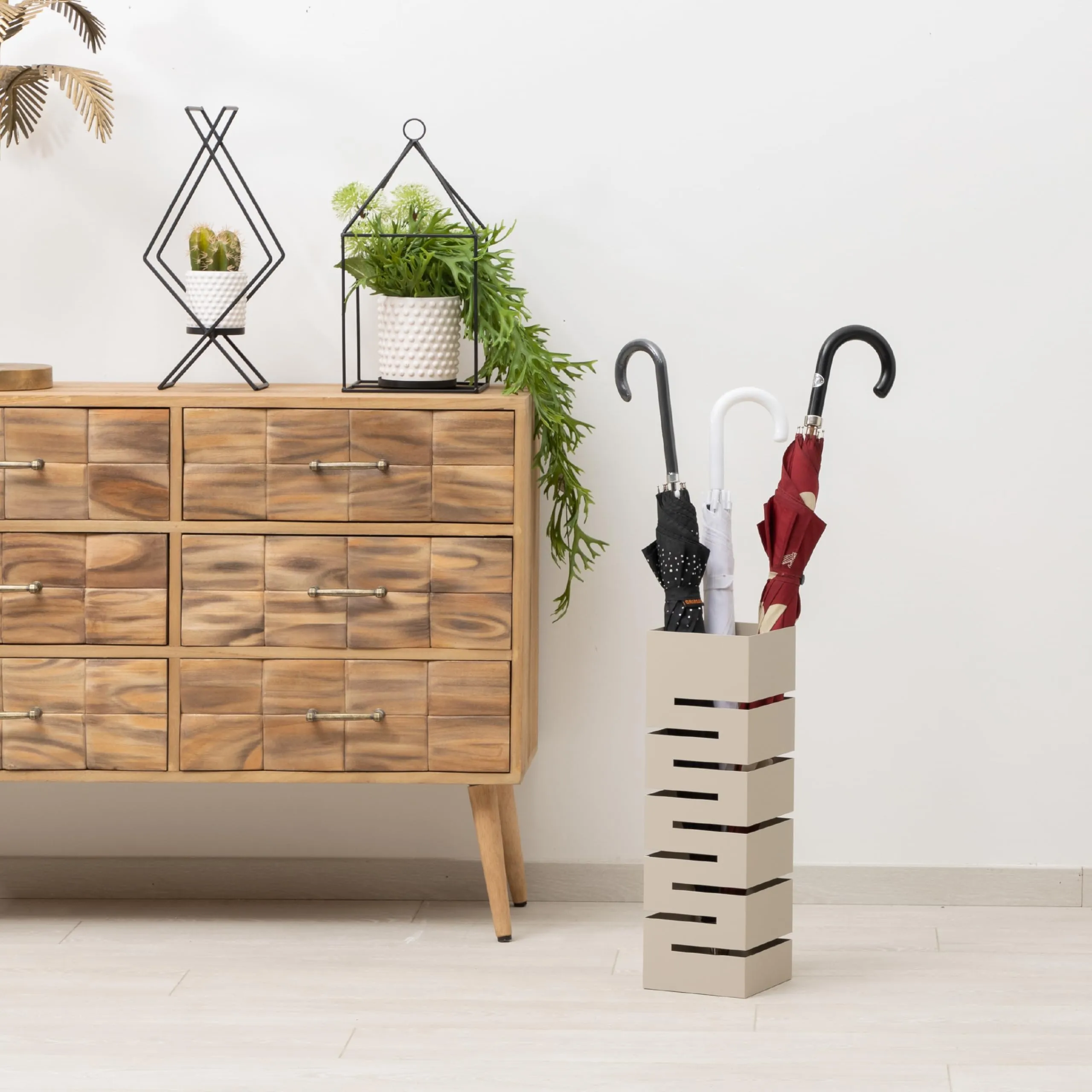 Baroni Home Portaombrelli Design Moderno in Metallo Tortora Geometrico con 2 Gancini e Vaschetta Scolapioggia Rimovibile, 15,5x15,5x49 cm - immagine 2