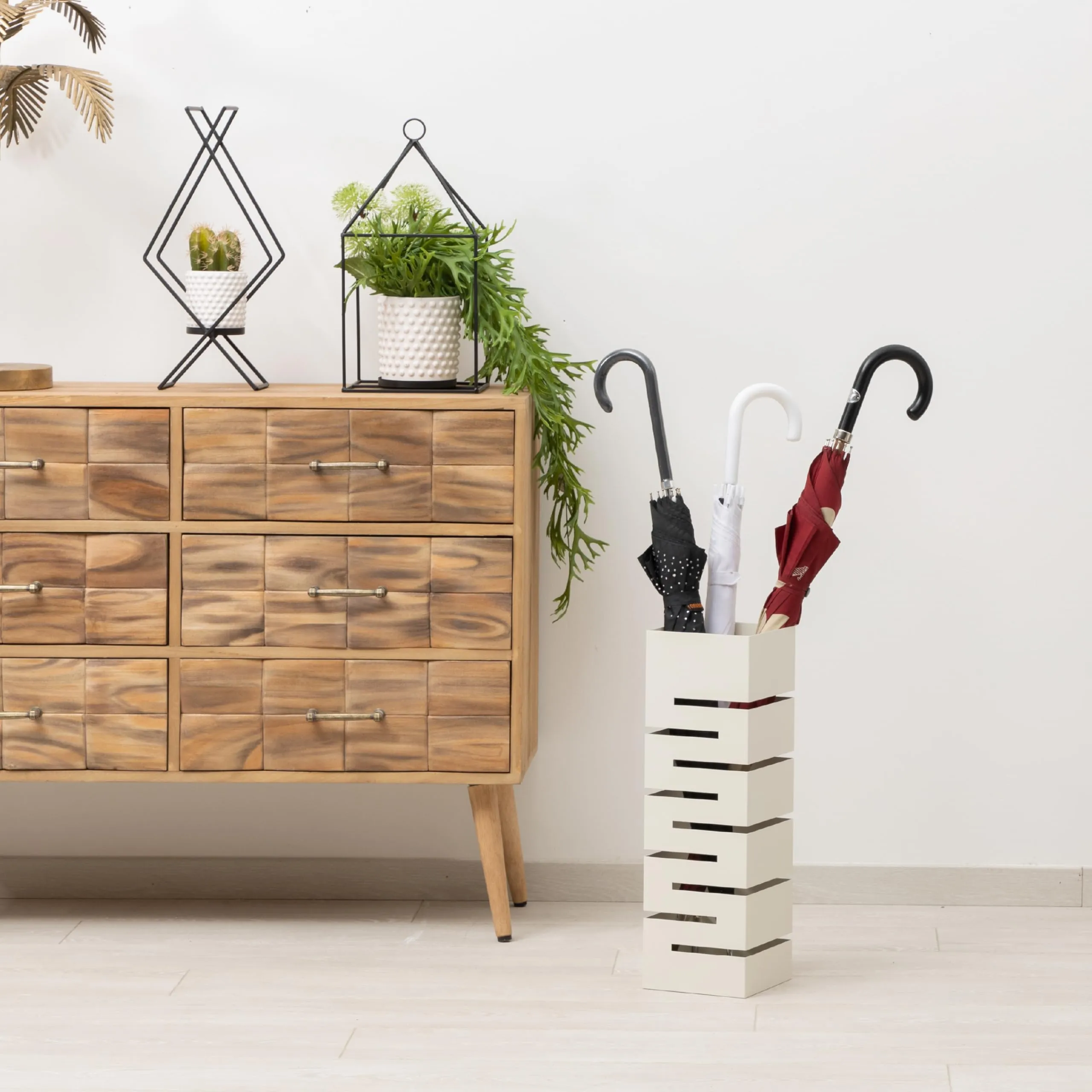 Baroni Home Portaombrelli in Metallo Geometrico Bianco con 2 Gancini e Vaschetta Scolapioggia Rimovibile, 15,5x15,5x49 cm - immagine 2