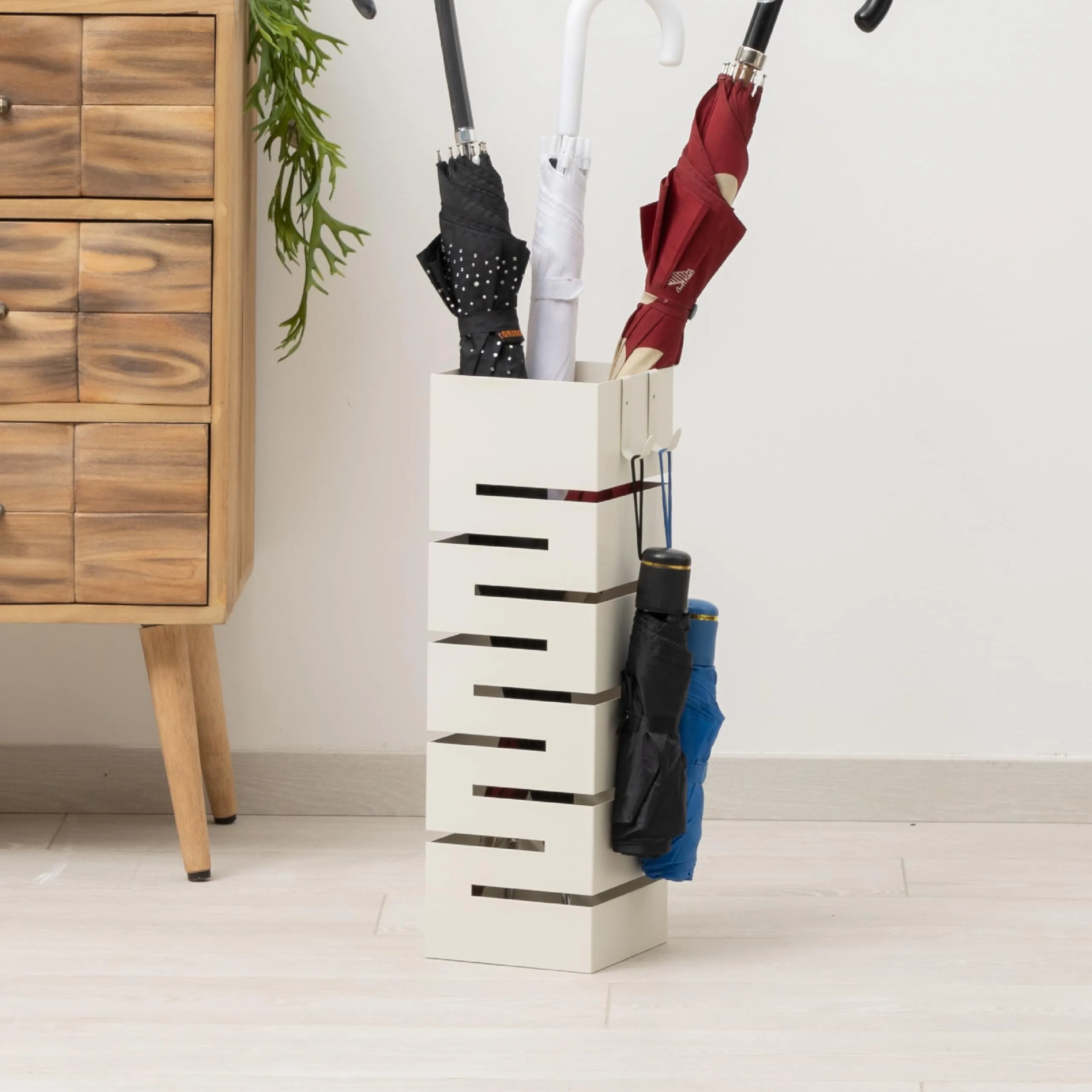 Baroni Home Portaombrelli in Metallo Geometrico Bianco con 2 Gancini e Vaschetta Scolapioggia Rimovibile, 15,5x15,5x49 cm - immagine 7