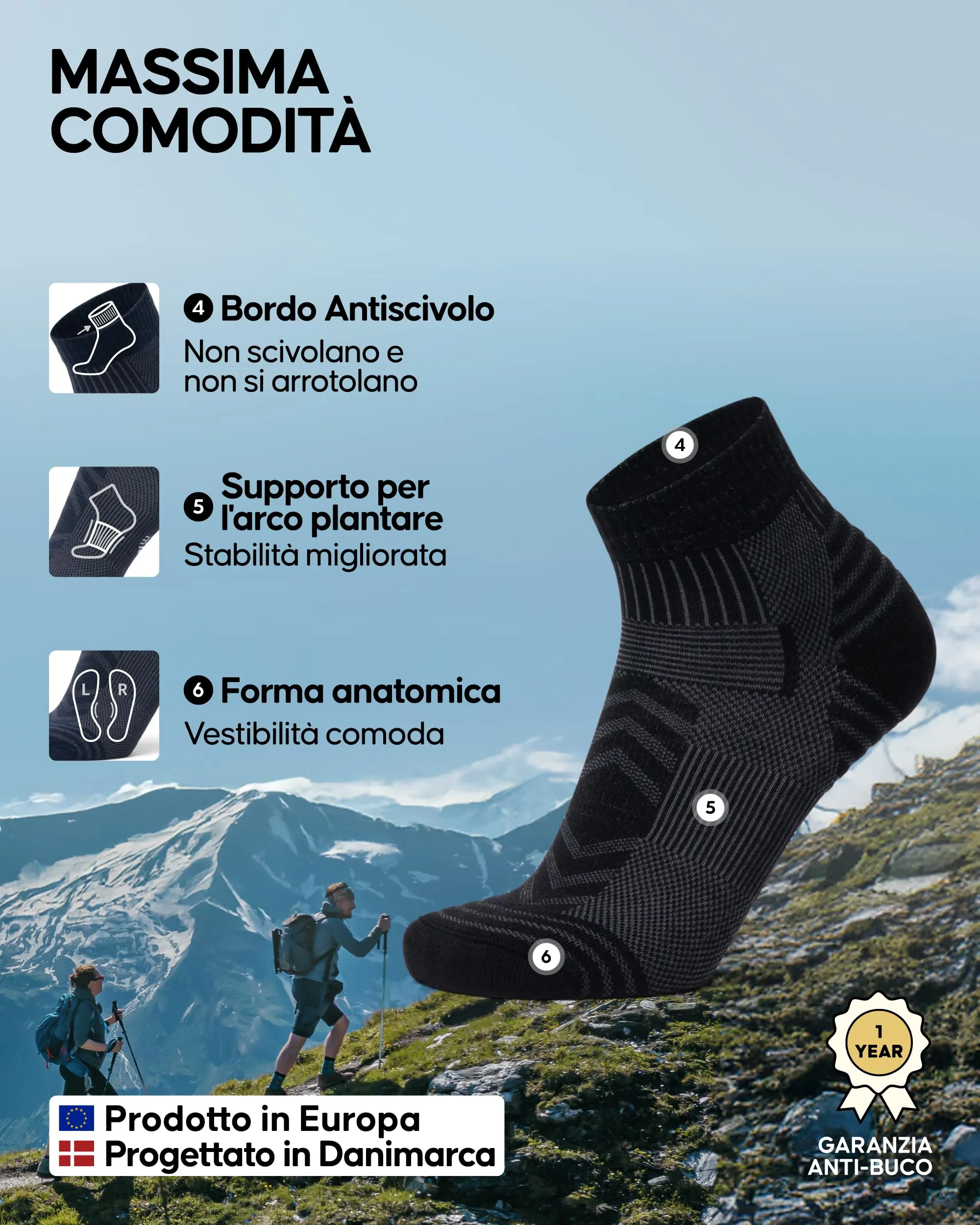 Danish Endurance Calze Trekking Corte Merino, 3 Paia, Nero, 43-47 - immagine 3