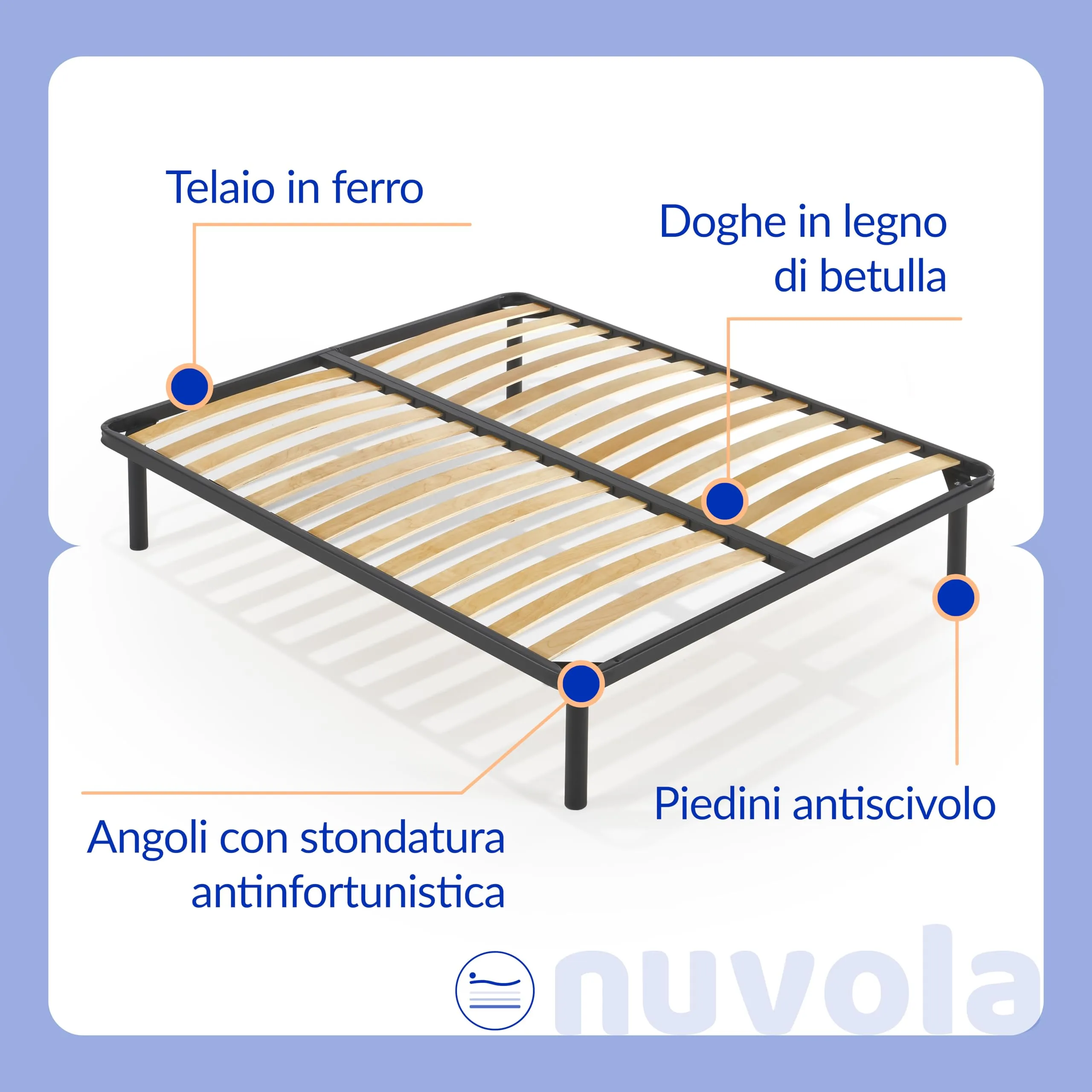 NUVOLA Atena Rete Matrimoniale 160x200 con Doghe in Legno di Betulla e Struttura in Ferro Ortopedica - immagine 2