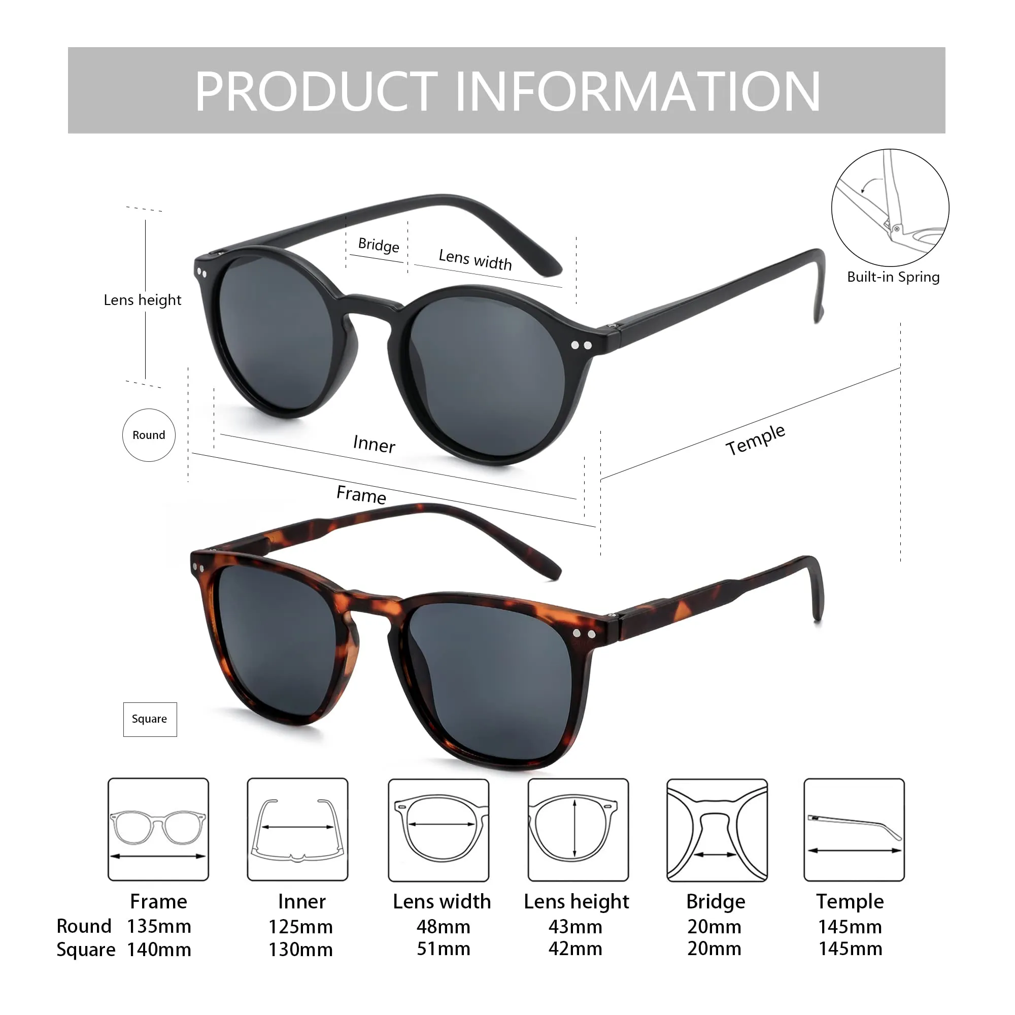 ZENOTTIC Occhiali da Sole Polarizzati UV400 Unisex, Set 2 Paia Rotondi e Quadrati, Retro Vintage - immagine 6
