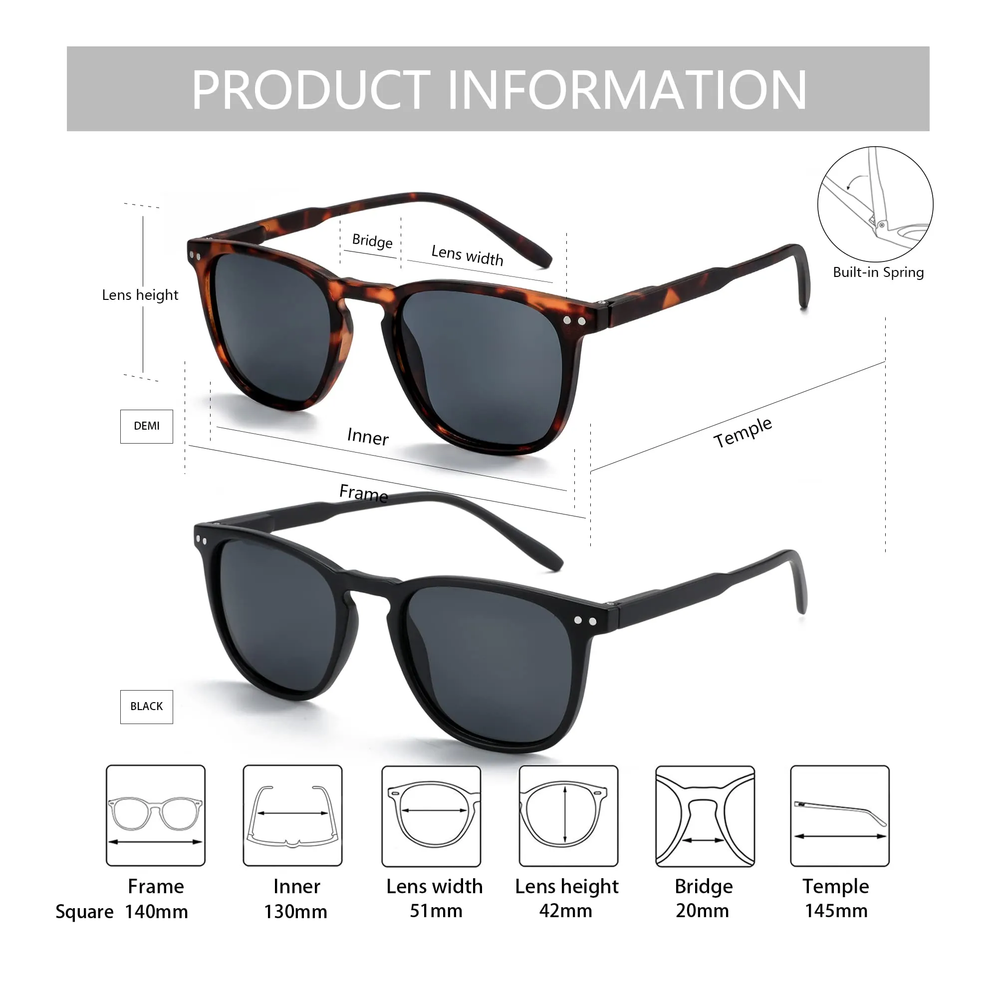 ZENOTTIC 2 Paia Occhiali da Sole Polarizzati UV400 Retro Rotondi e Quadrati Unisex - immagine 6