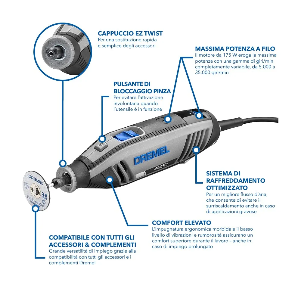 Dremel 4250 Multiutensile 175 W con 35 Accessori, Velocità Variabile 5.000-35.000 giri/min - immagine 2