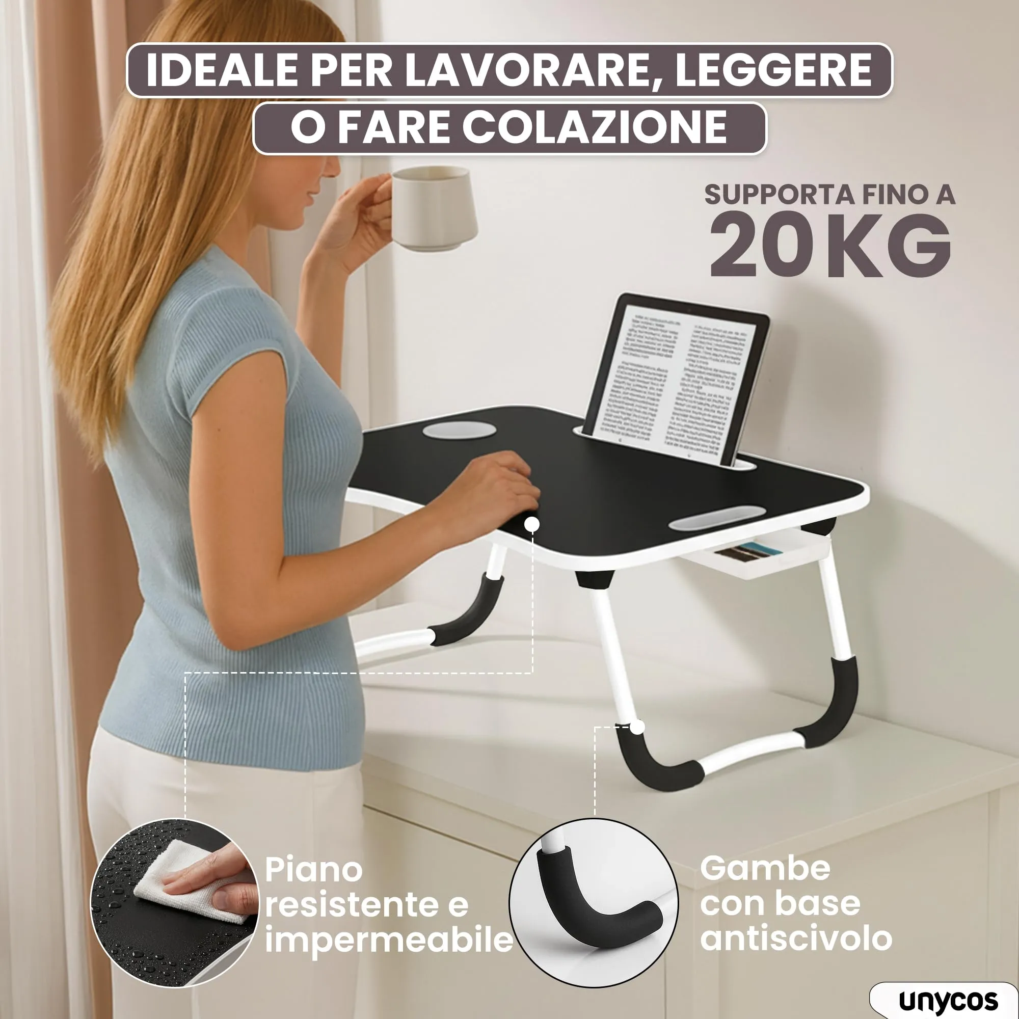 unycos Tavolino Pieghevole da Letto 60x40x26 cm, Nero, con Cassetto - immagine 2