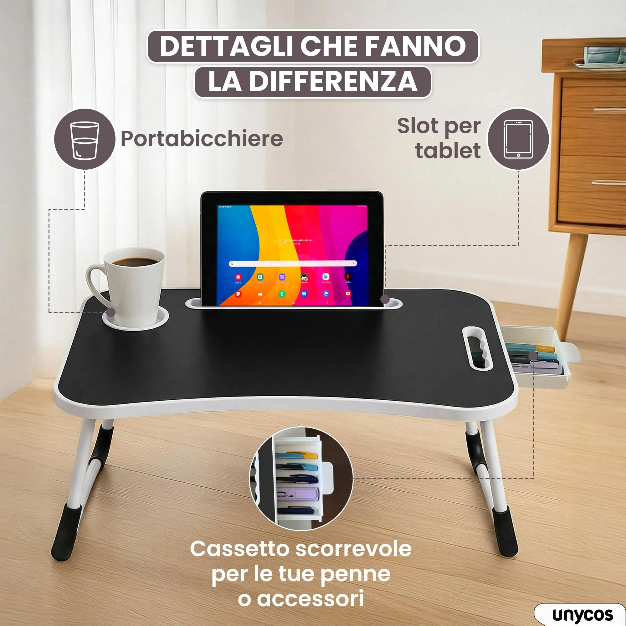 unycos Tavolino Pieghevole da Letto 60x40x26 cm, Nero, con Cassetto - immagine 4