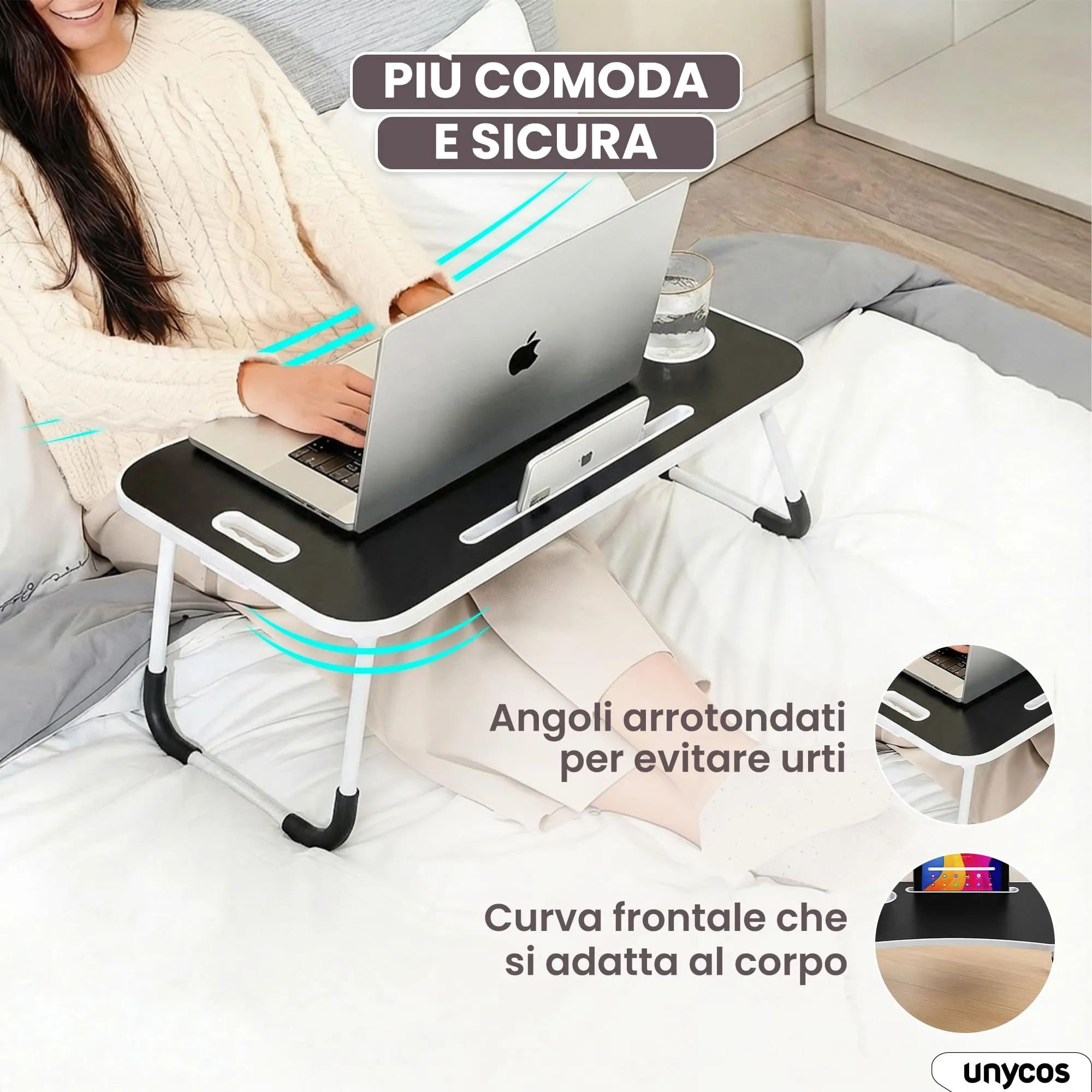 unycos Tavolino Pieghevole da Letto 60x40x26 cm, Nero, con Cassetto - immagine 5
