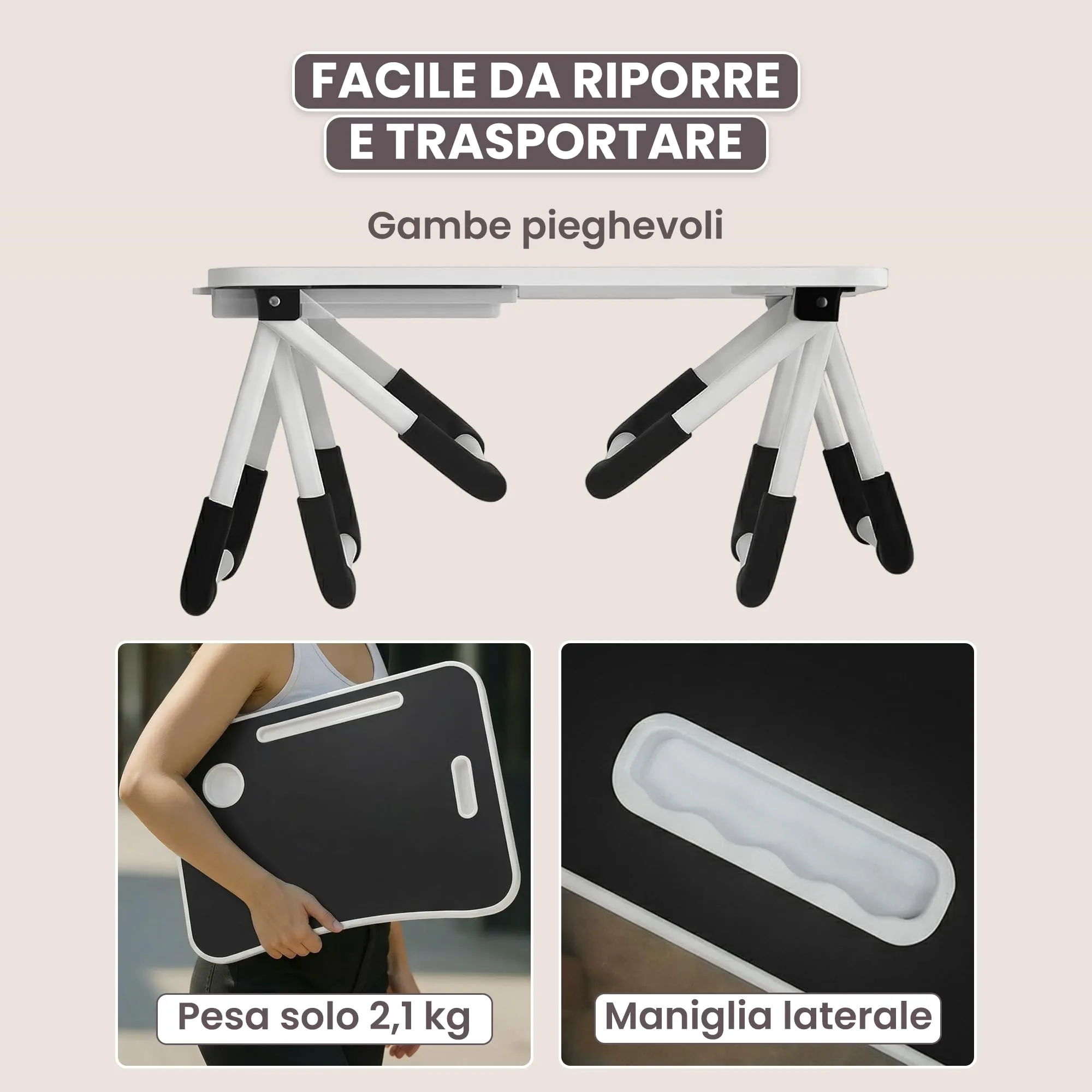 unycos Tavolino Pieghevole da Letto 60x40x26 cm, Nero, con Cassetto - immagine 6