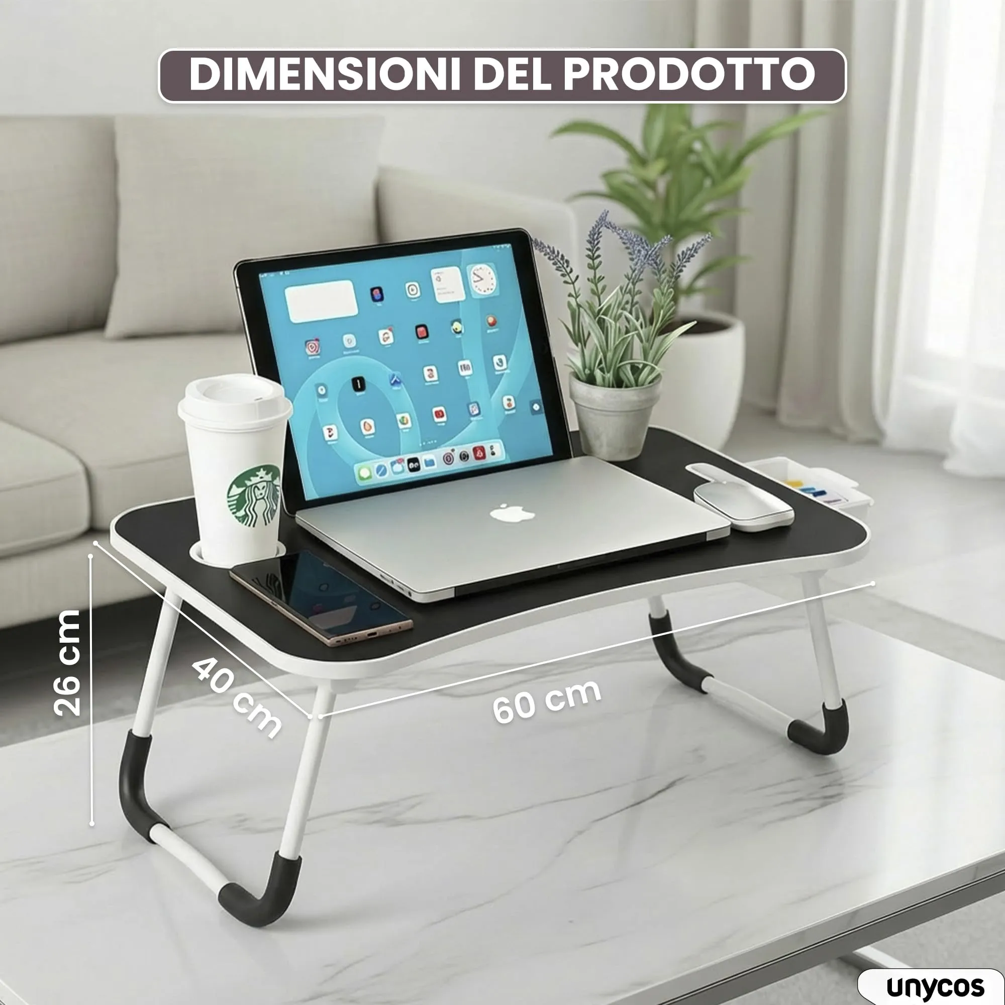 unycos Tavolino Pieghevole da Letto 60x40x26 cm, Nero, con Cassetto - immagine 7