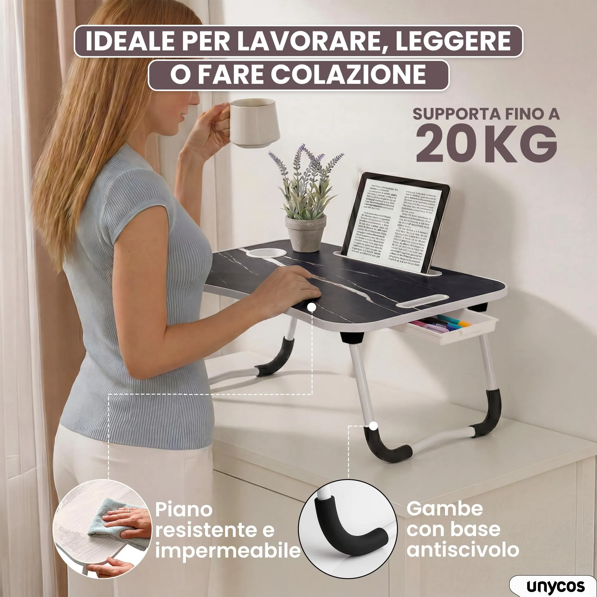 unycos Tavolino Pieghevole da Letto 60x40x26 cm, Marmo, con Cassetto - immagine 2