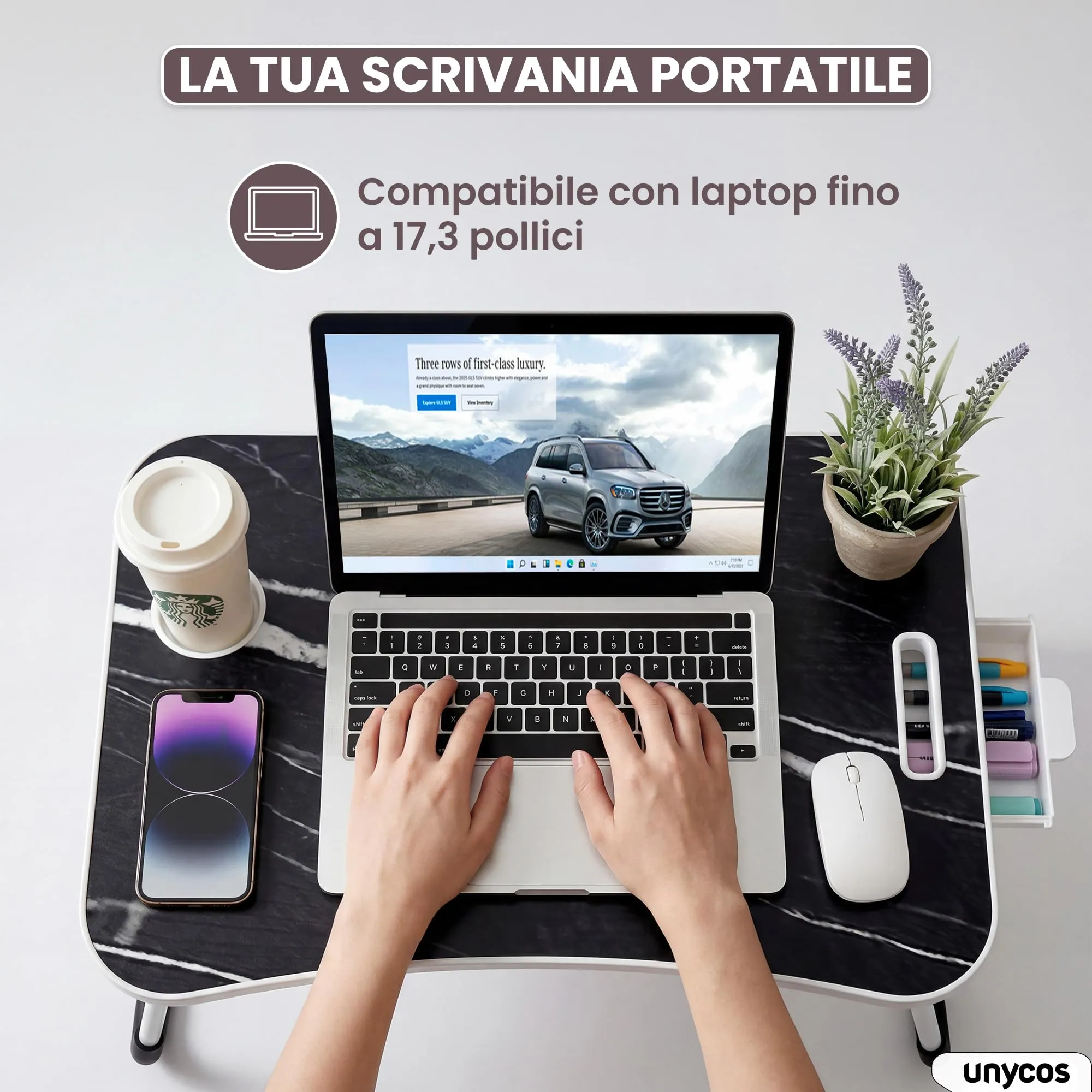 unycos Tavolino Pieghevole da Letto 60x40x26 cm, Marmo, con Cassetto - immagine 3