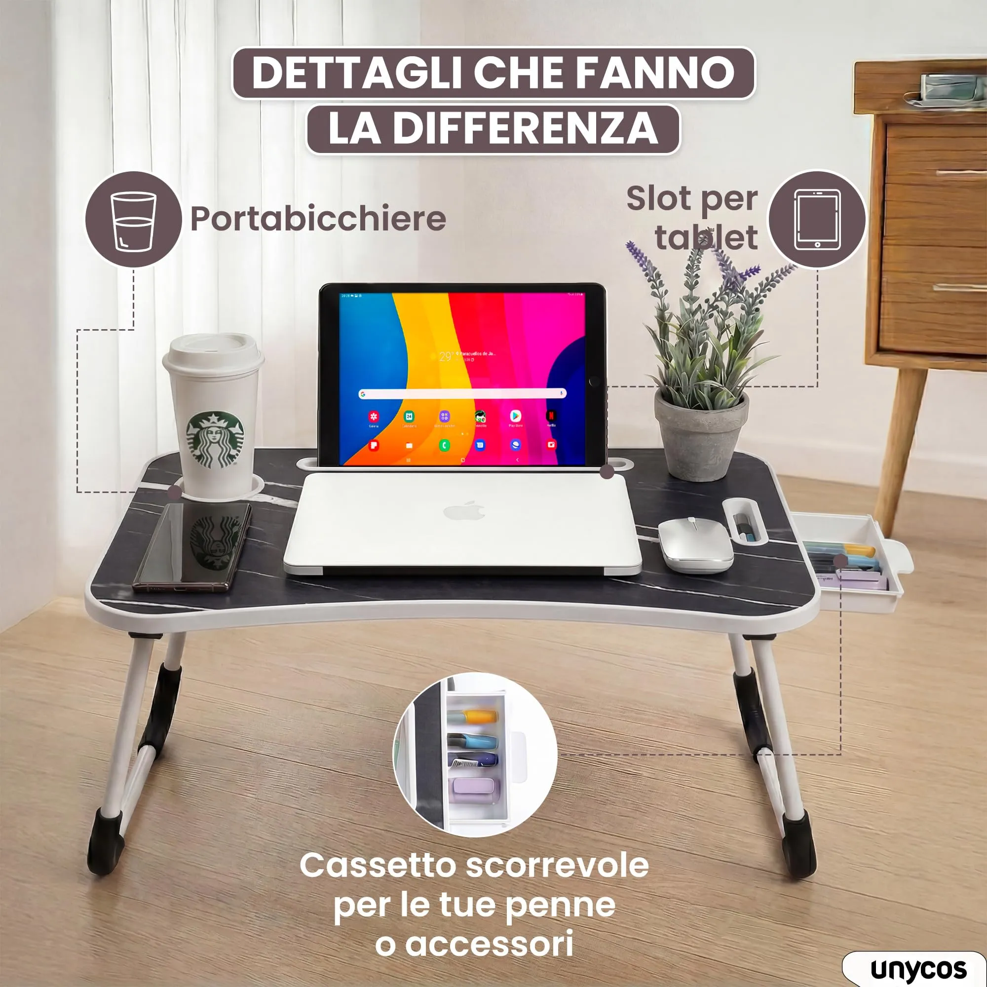 unycos Tavolino Pieghevole da Letto 60x40x26 cm, Marmo, con Cassetto - immagine 4