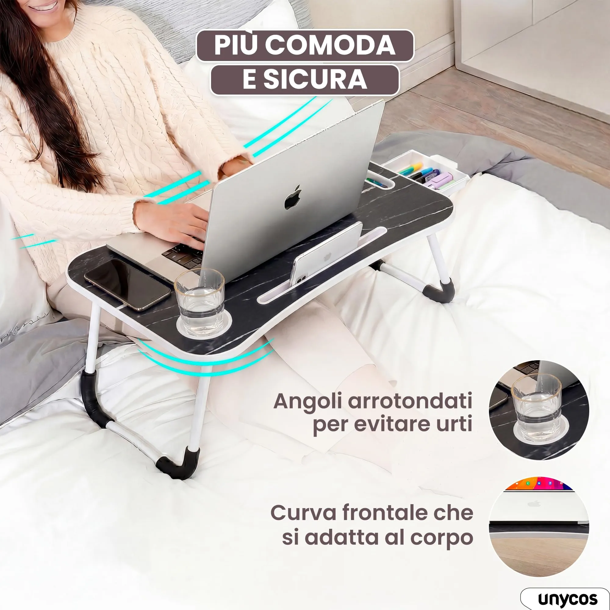 unycos Tavolino Pieghevole da Letto 60x40x26 cm, Marmo, con Cassetto - immagine 5