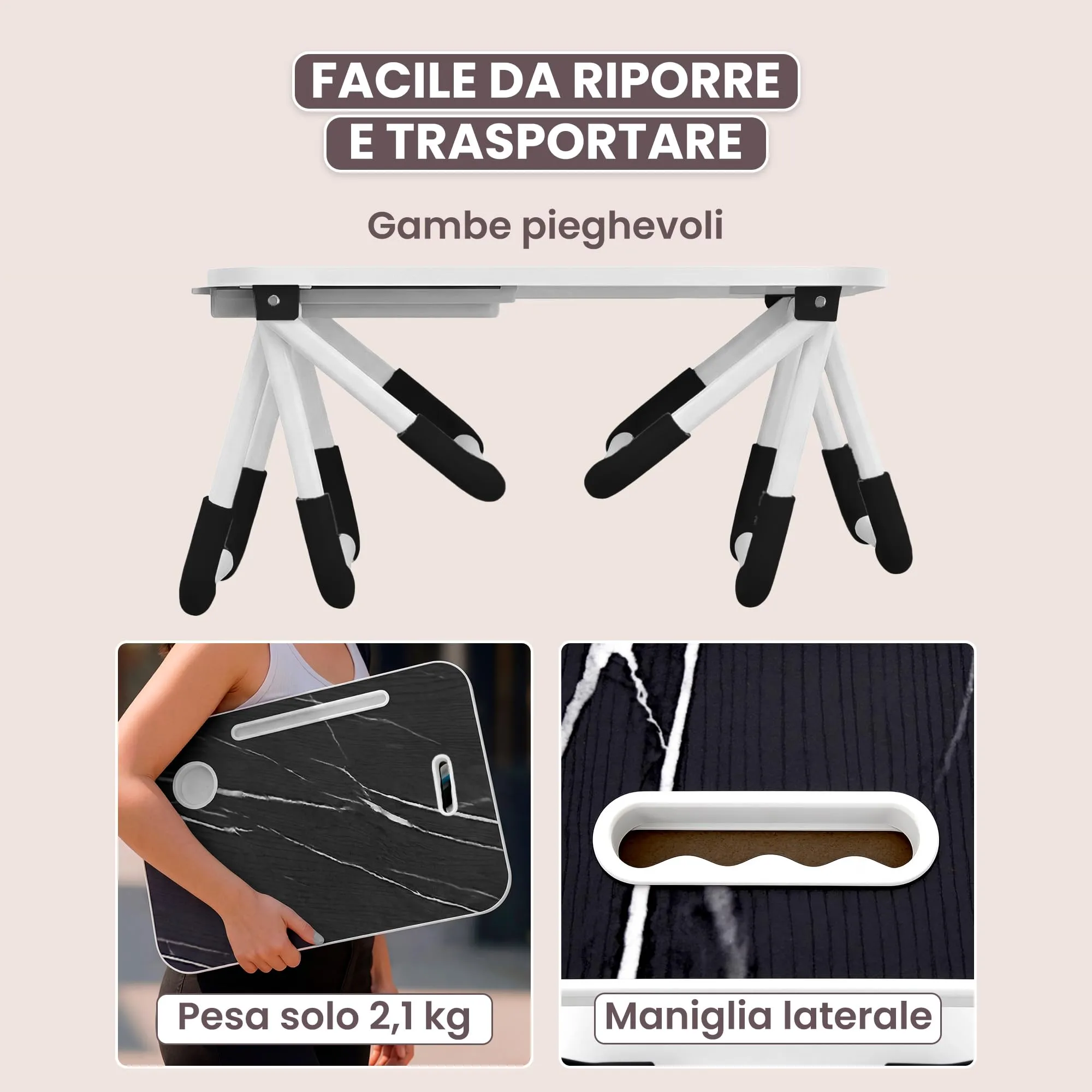 unycos Tavolino Pieghevole da Letto 60x40x26 cm, Marmo, con Cassetto - immagine 6