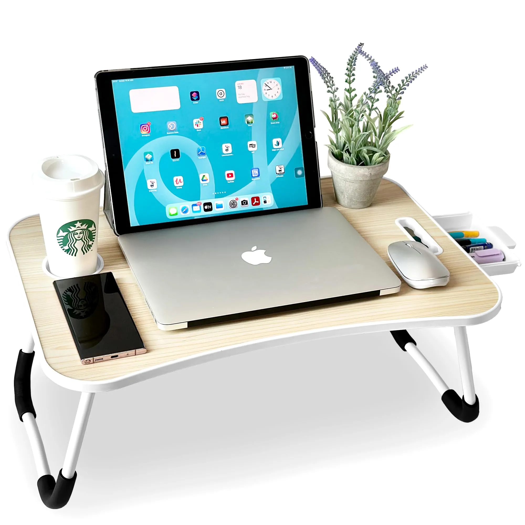 unycos Tavolino Pieghevole da Letto 60x40x26 cm in Legno con Cassetto - immagine 1