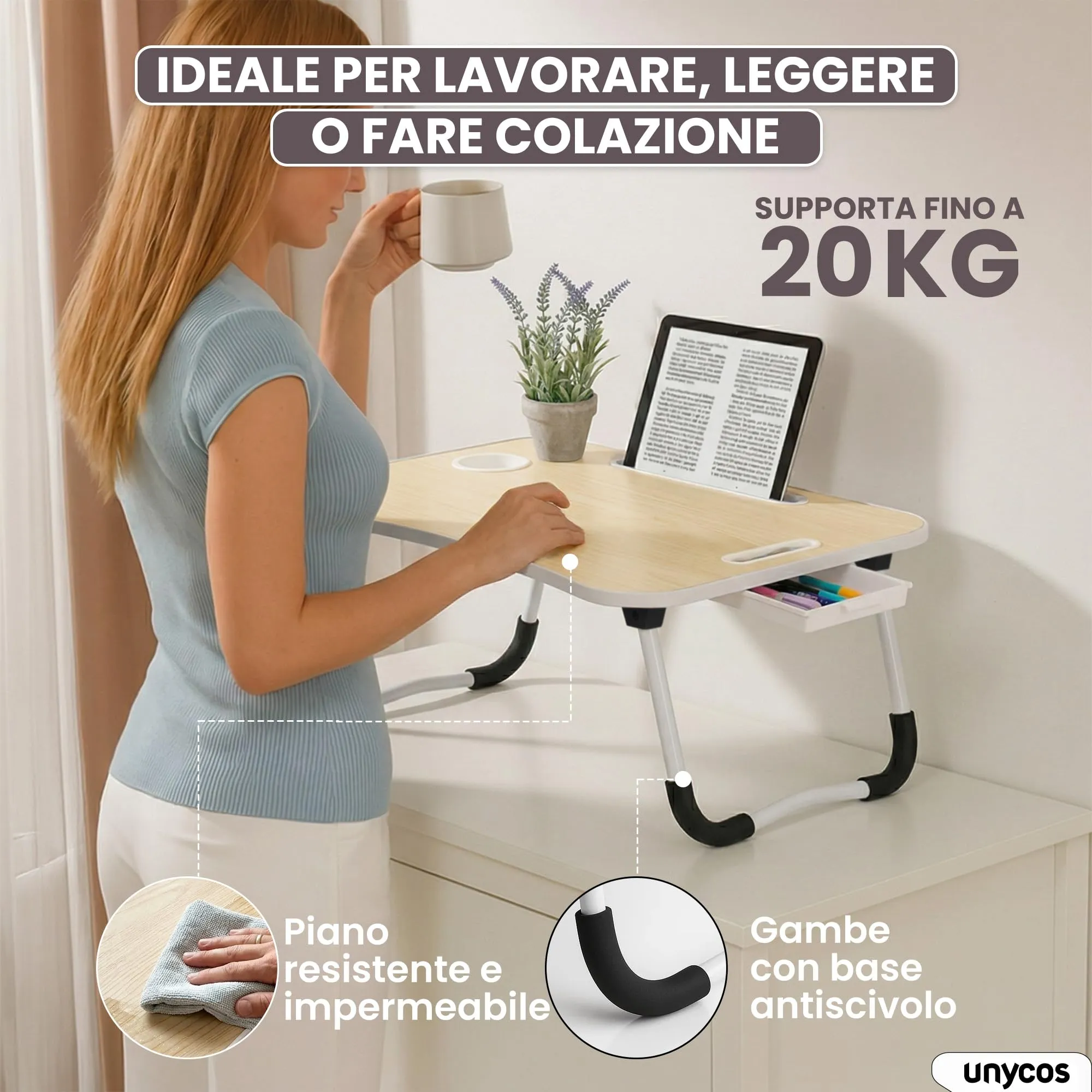 unycos Tavolino Pieghevole da Letto 60x40x26 cm in Legno con Cassetto - immagine 2