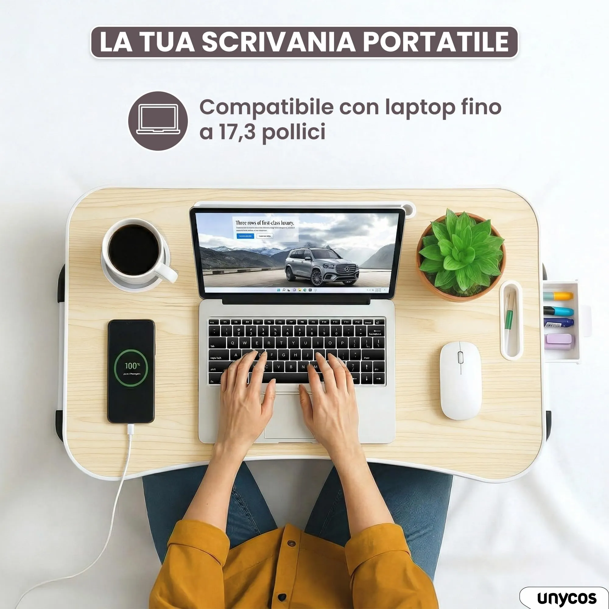 unycos Tavolino Pieghevole da Letto 60x40x26 cm in Legno con Cassetto - immagine 3