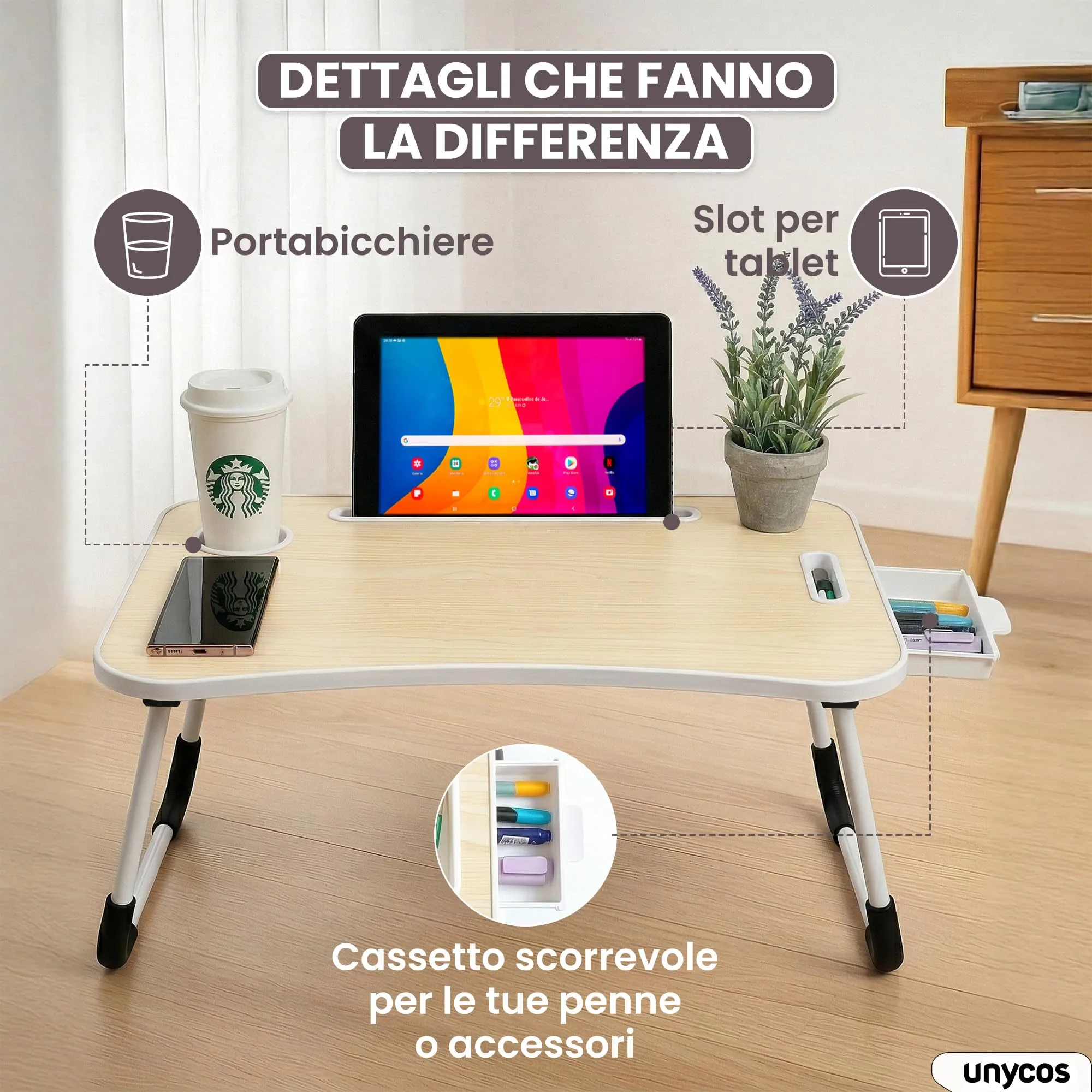 unycos Tavolino Pieghevole da Letto 60x40x26 cm in Legno con Cassetto - immagine 4