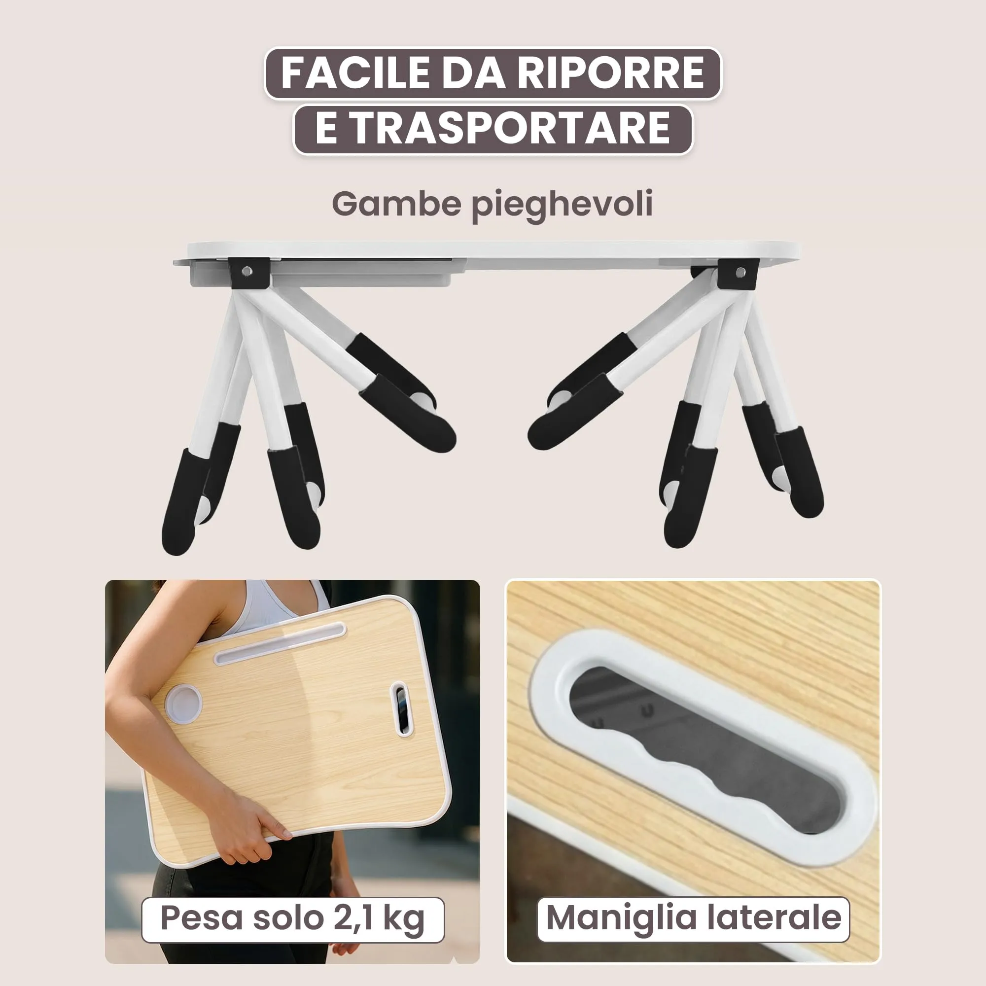 unycos Tavolino Pieghevole da Letto 60x40x26 cm in Legno con Cassetto - immagine 6