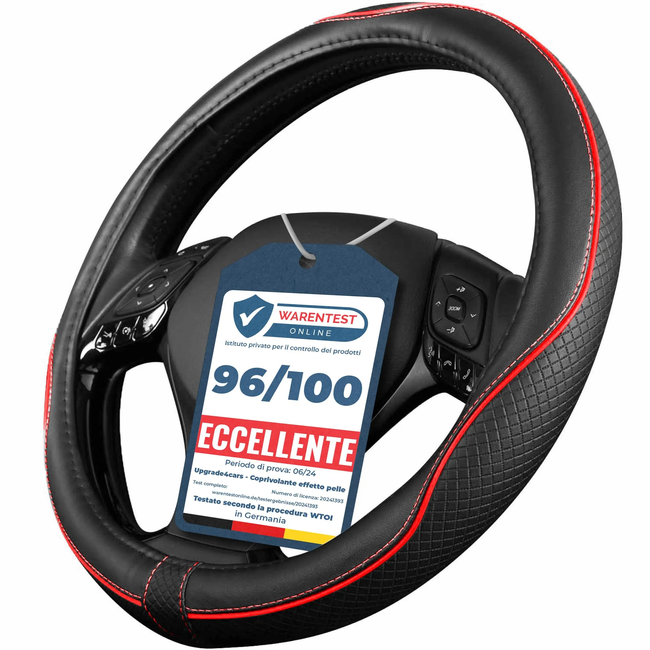 Upgrade4cars Coprivolante Auto Universale in Finta Pelle Rosso Nero, 37-38 cm - immagine 1