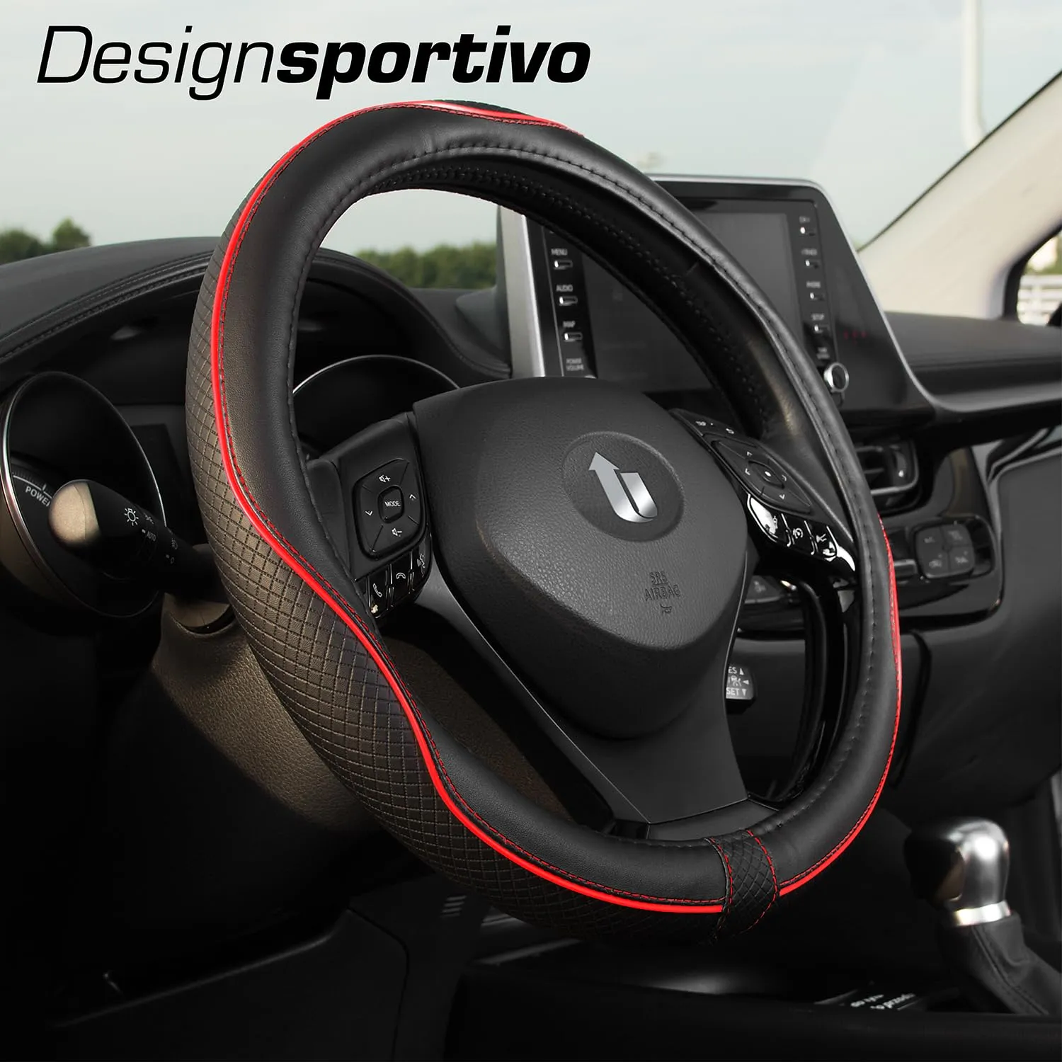 Upgrade4cars Coprivolante Auto Universale in Finta Pelle Rosso Nero, 37-38 cm - immagine 2