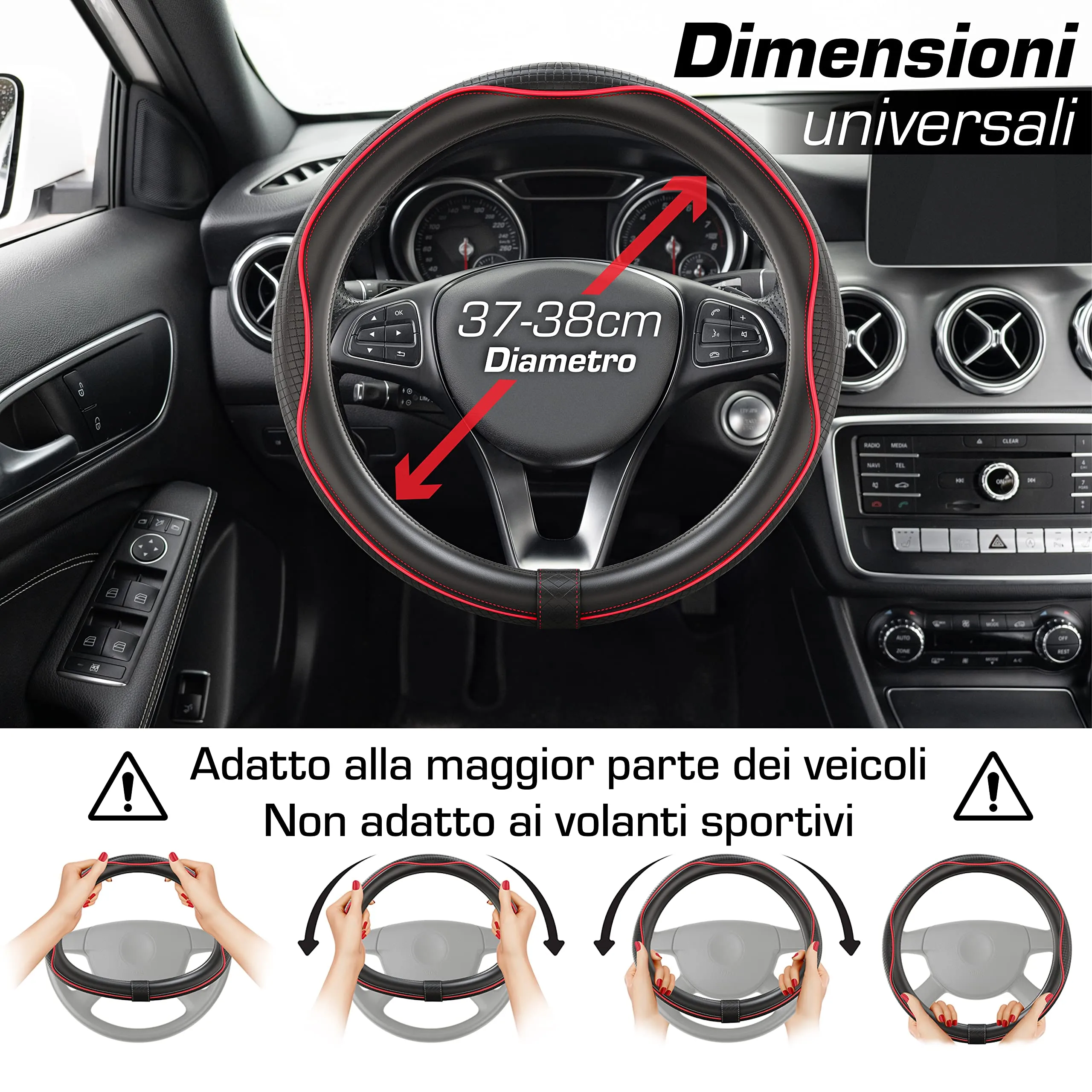 Upgrade4cars Coprivolante Auto Universale in Finta Pelle Rosso Nero, 37-38 cm - immagine 3
