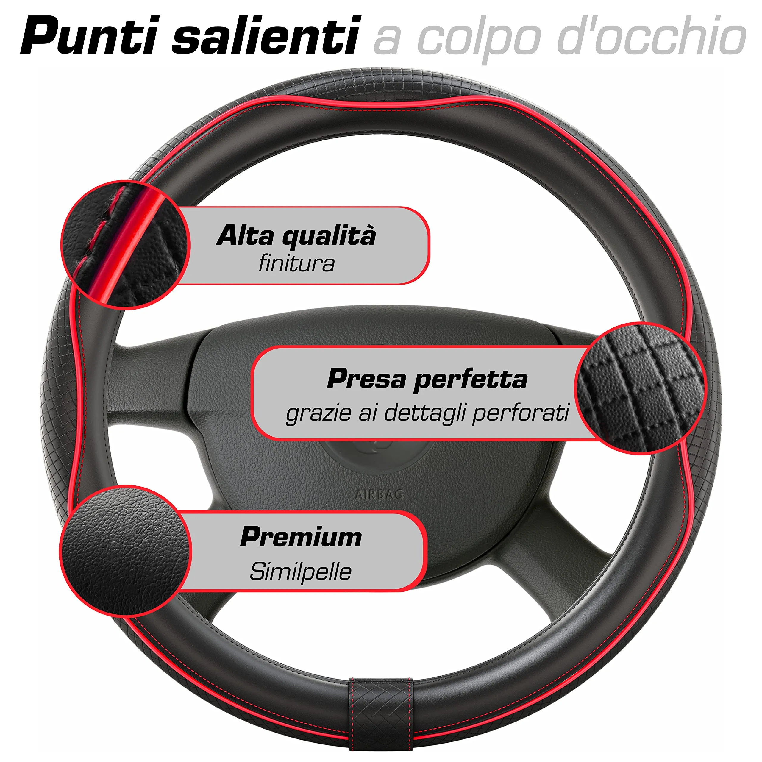 Upgrade4cars Coprivolante Auto Universale in Finta Pelle Rosso Nero, 37-38 cm - immagine 4