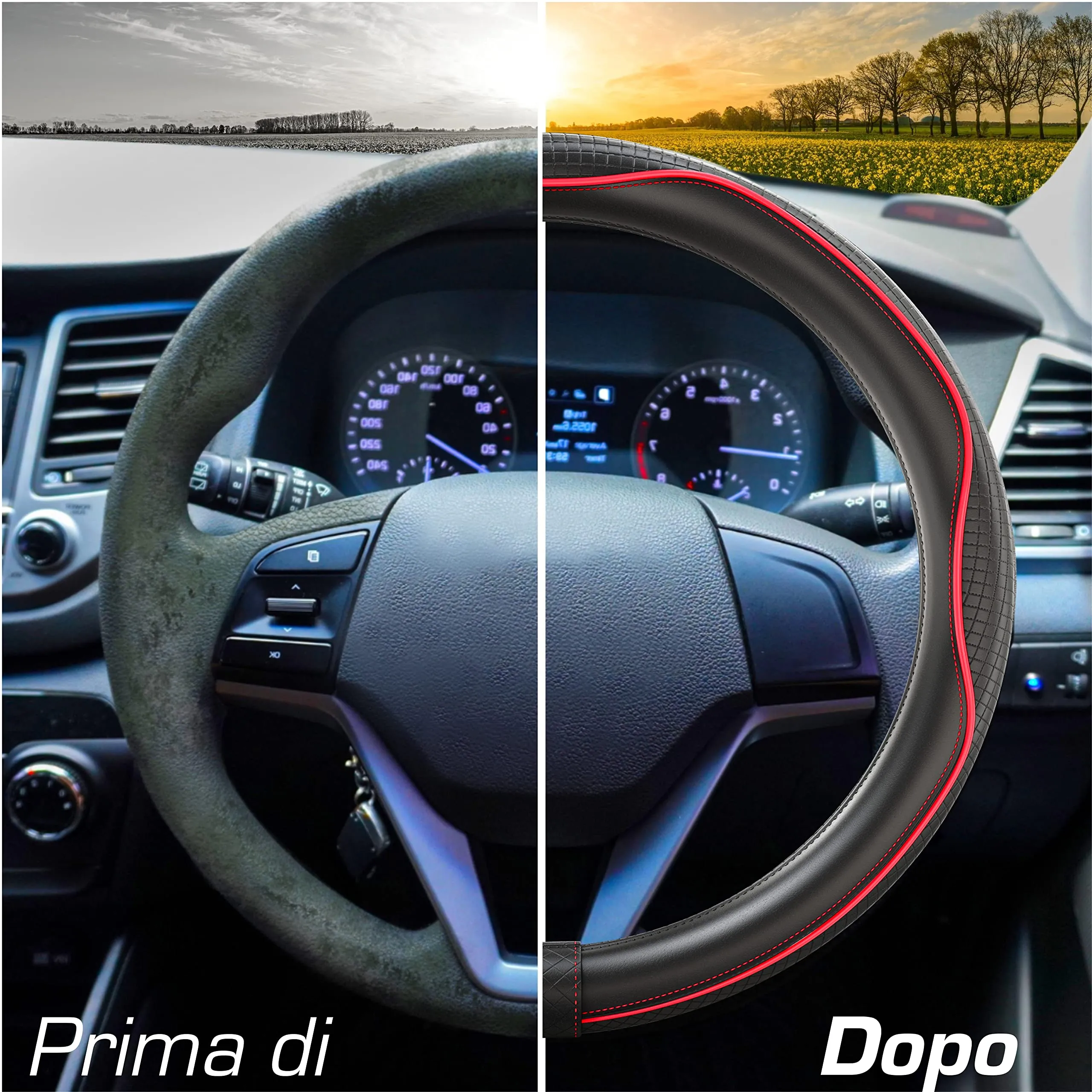 Upgrade4cars Coprivolante Auto Universale in Finta Pelle Rosso Nero, 37-38 cm - immagine 6
