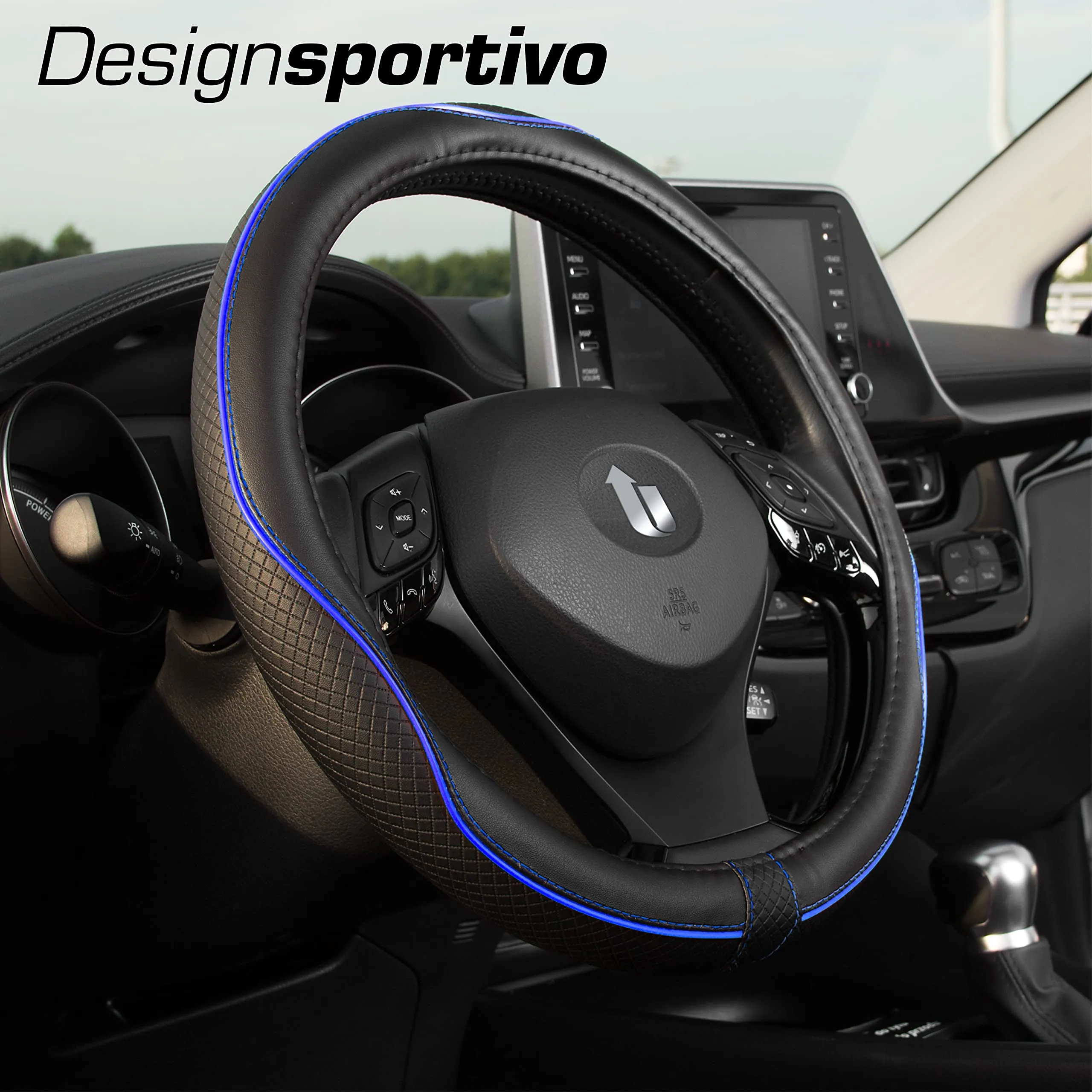 Upgrade4cars Coprivolante Auto Universale in Finta Pelle, Blu Nero, 37-38 cm - immagine 2