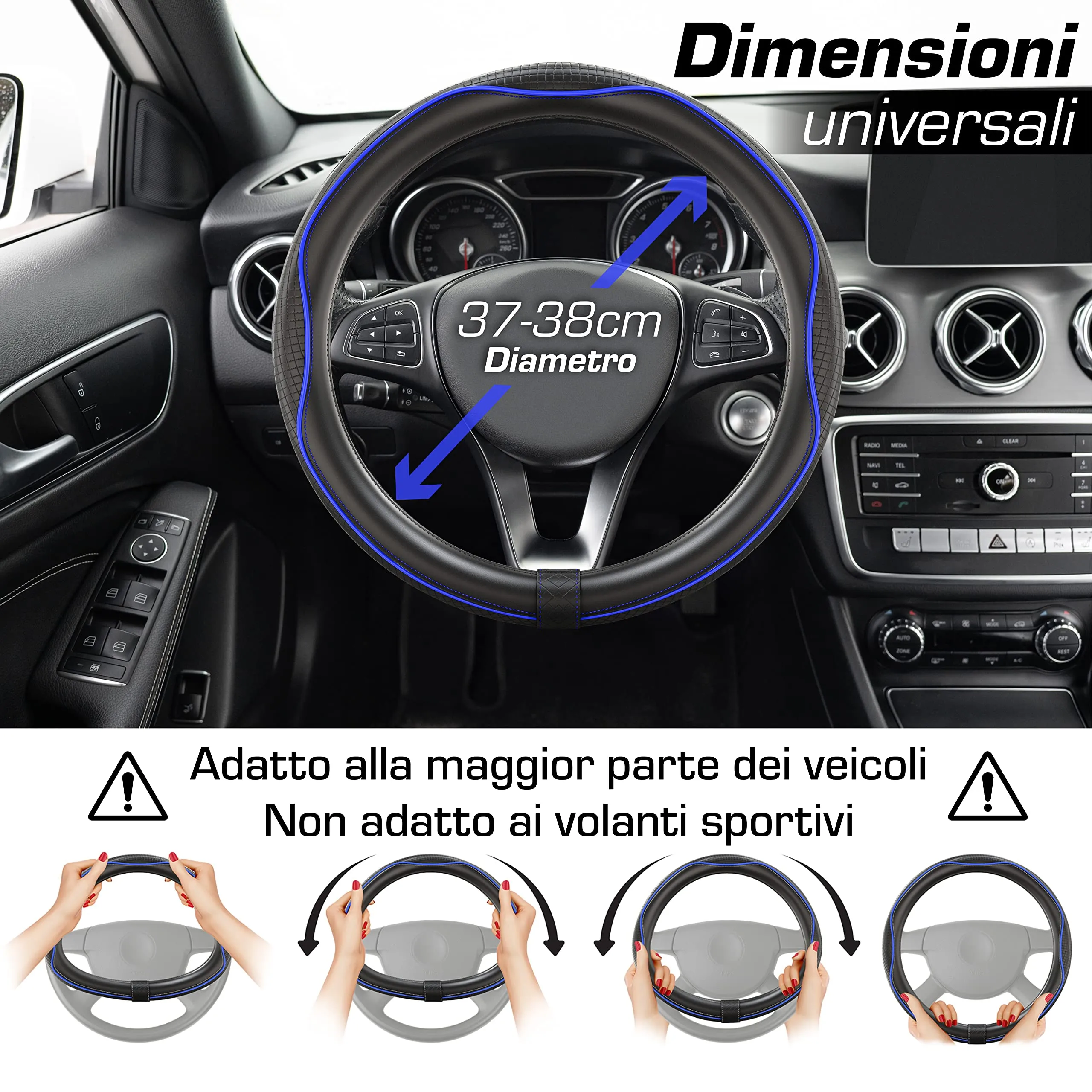 Upgrade4cars Coprivolante Auto Universale in Finta Pelle, Blu Nero, 37-38 cm - immagine 3