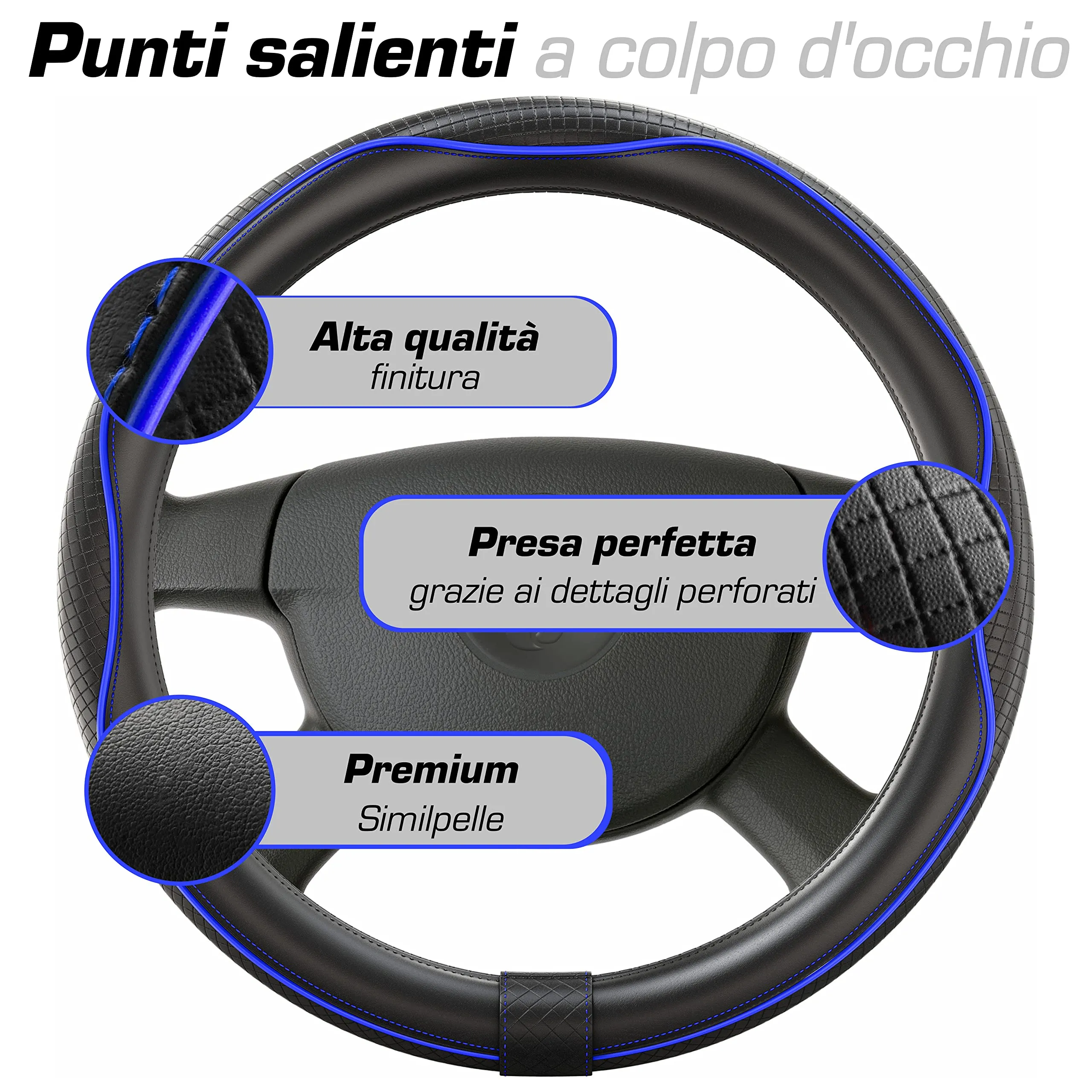 Upgrade4cars Coprivolante Auto Universale in Finta Pelle, Blu Nero, 37-38 cm - immagine 4