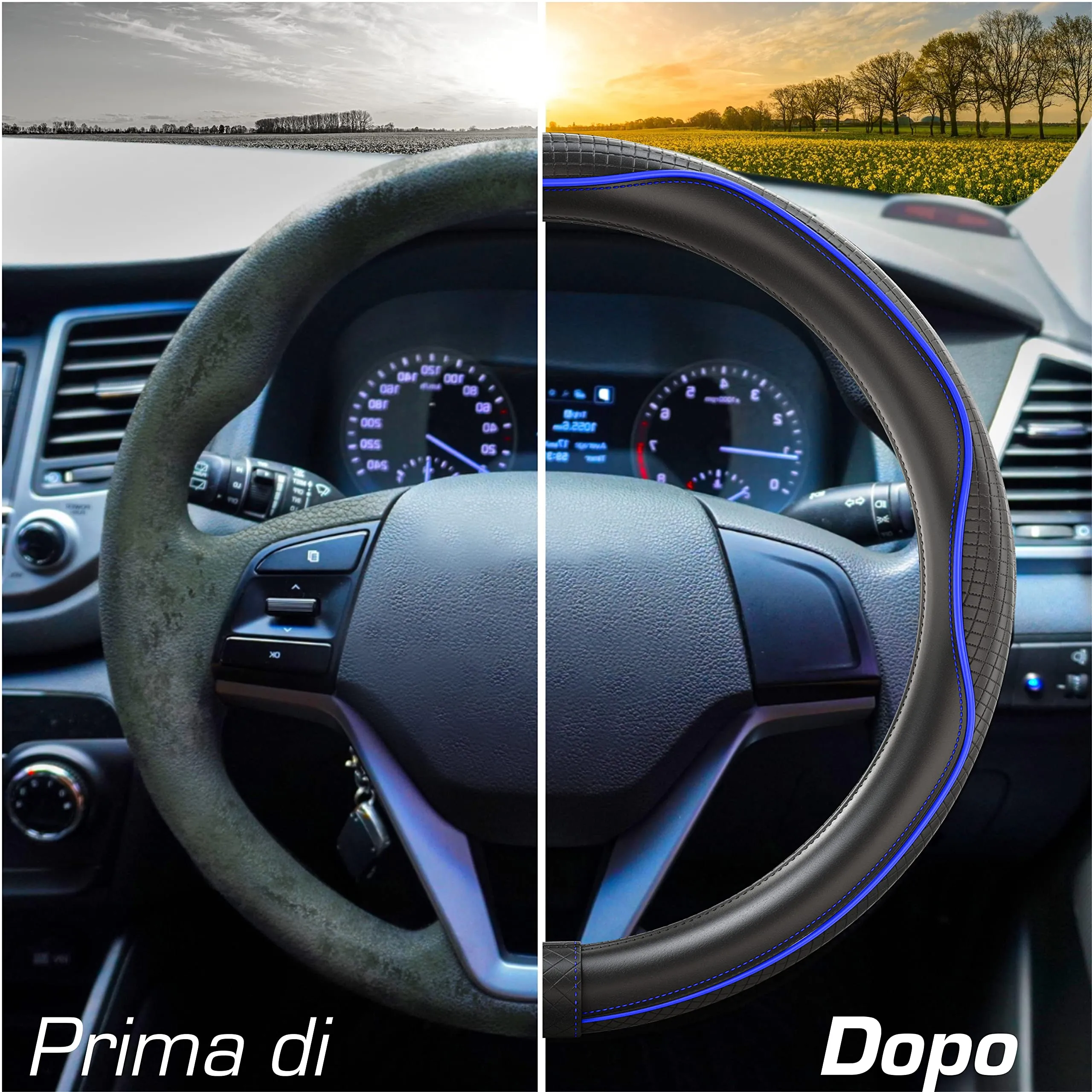 Upgrade4cars Coprivolante Auto Universale in Finta Pelle, Blu Nero, 37-38 cm - immagine 6