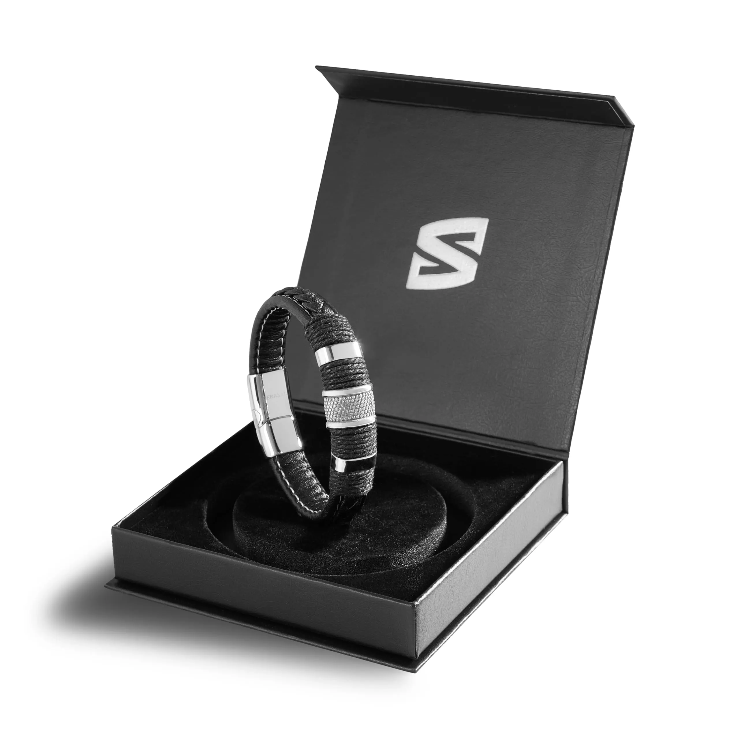 SERASAR Bracciale Uomo in Cuoio Nero e Acciaio Argento, 20cm - immagine 2