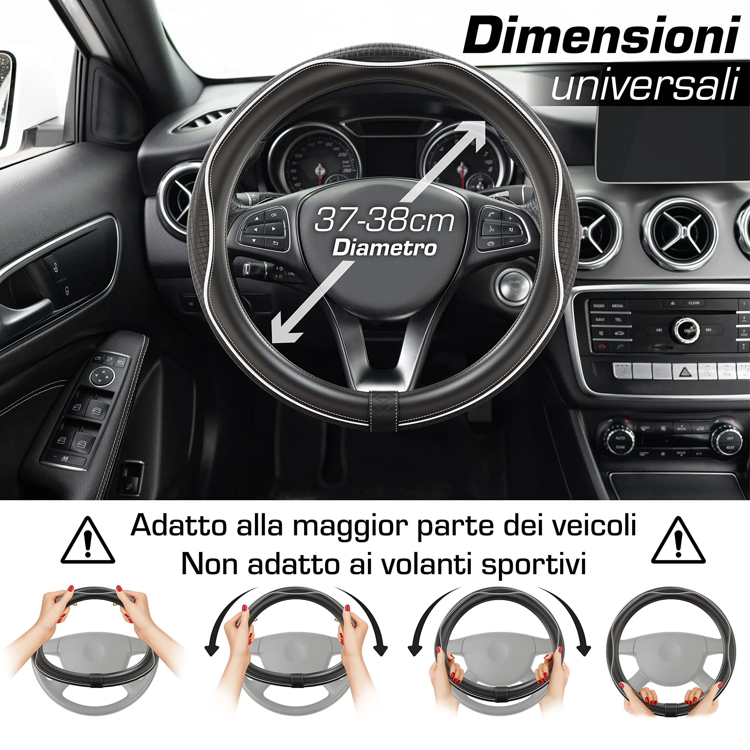 Upgrade4cars Coprivolante Auto Bianco Nero in Finta Pelle Universale 37-38 cm - immagine 2