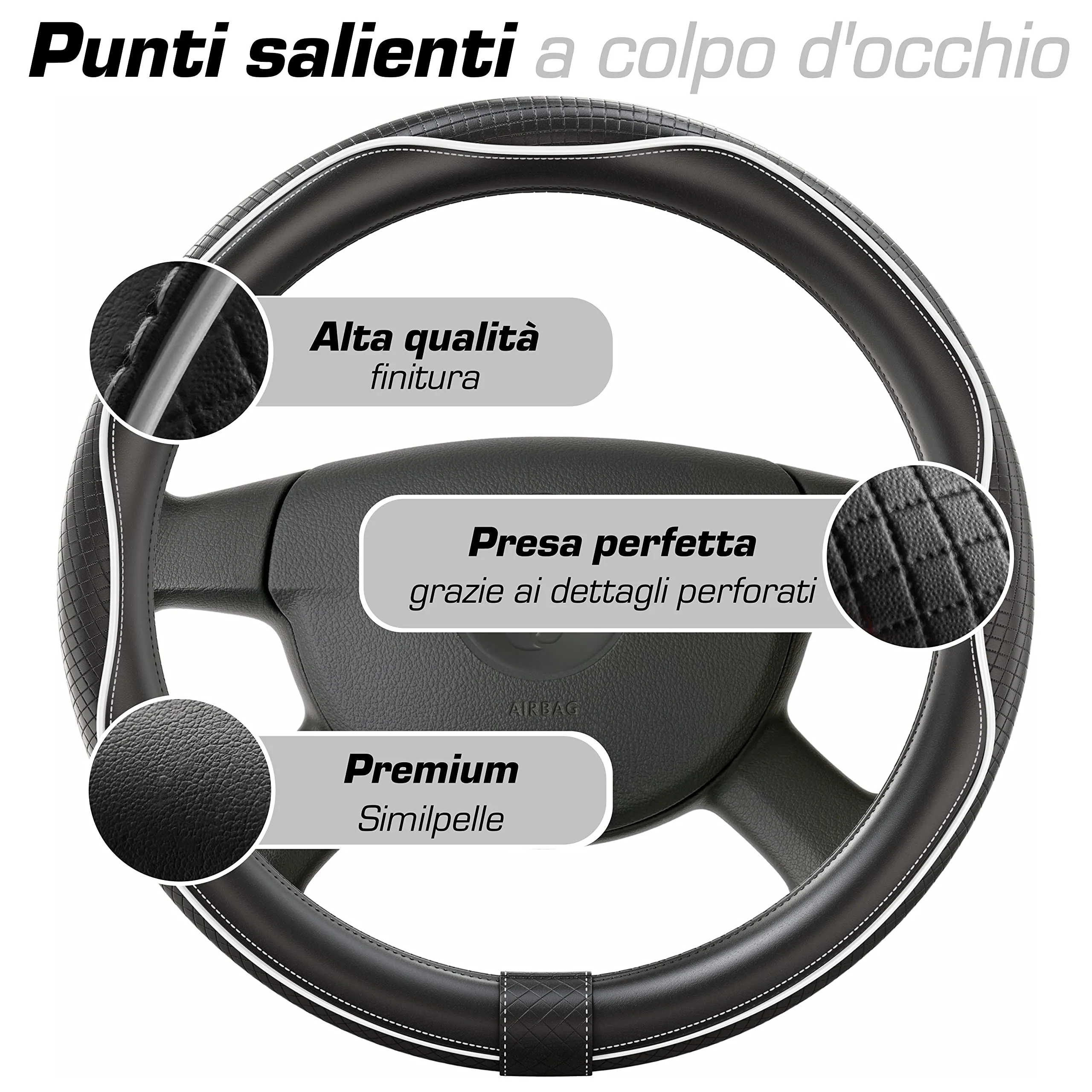 Upgrade4cars Coprivolante Auto Bianco Nero in Finta Pelle Universale 37-38 cm - immagine 3