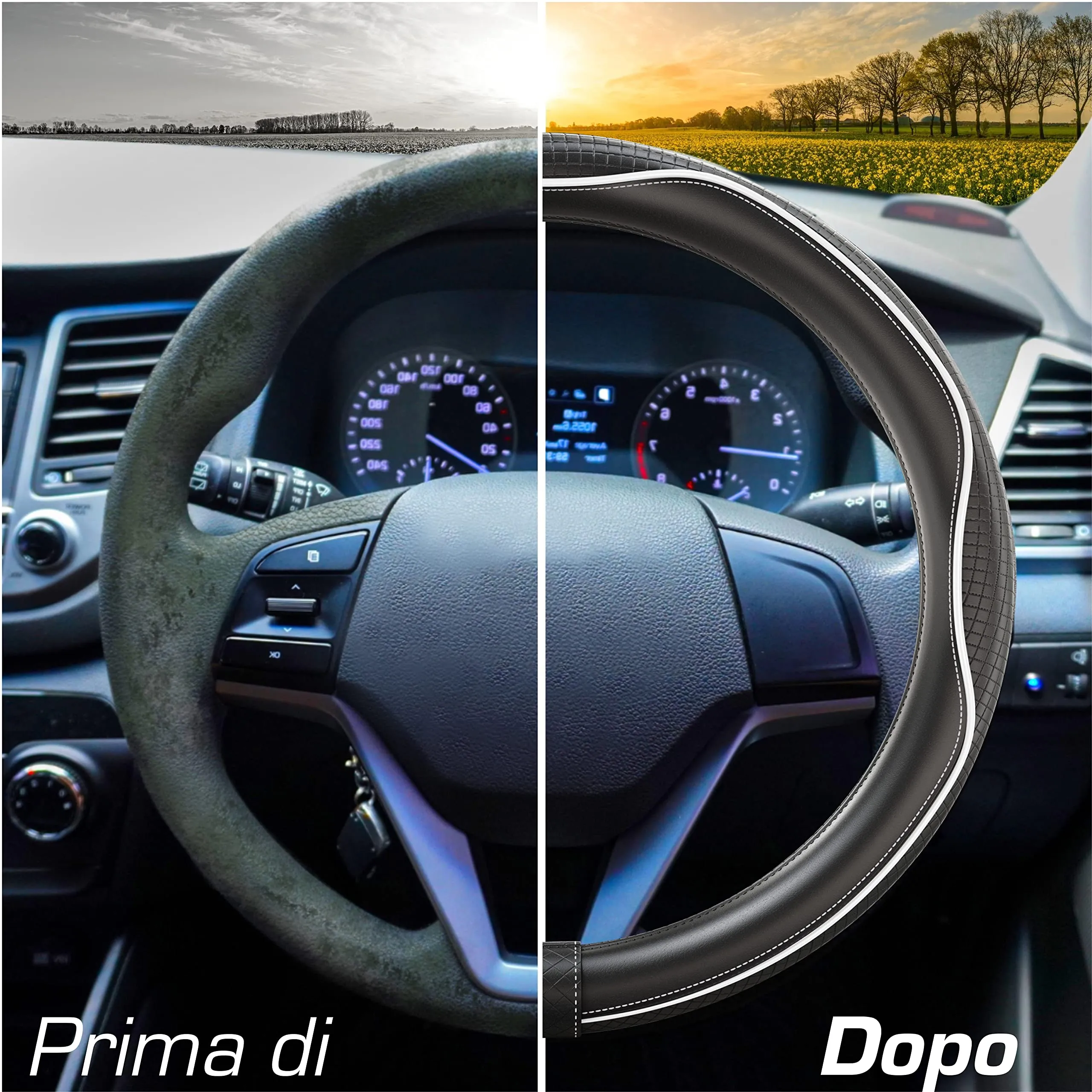 Upgrade4cars Coprivolante Auto Bianco Nero in Finta Pelle Universale 37-38 cm - immagine 5