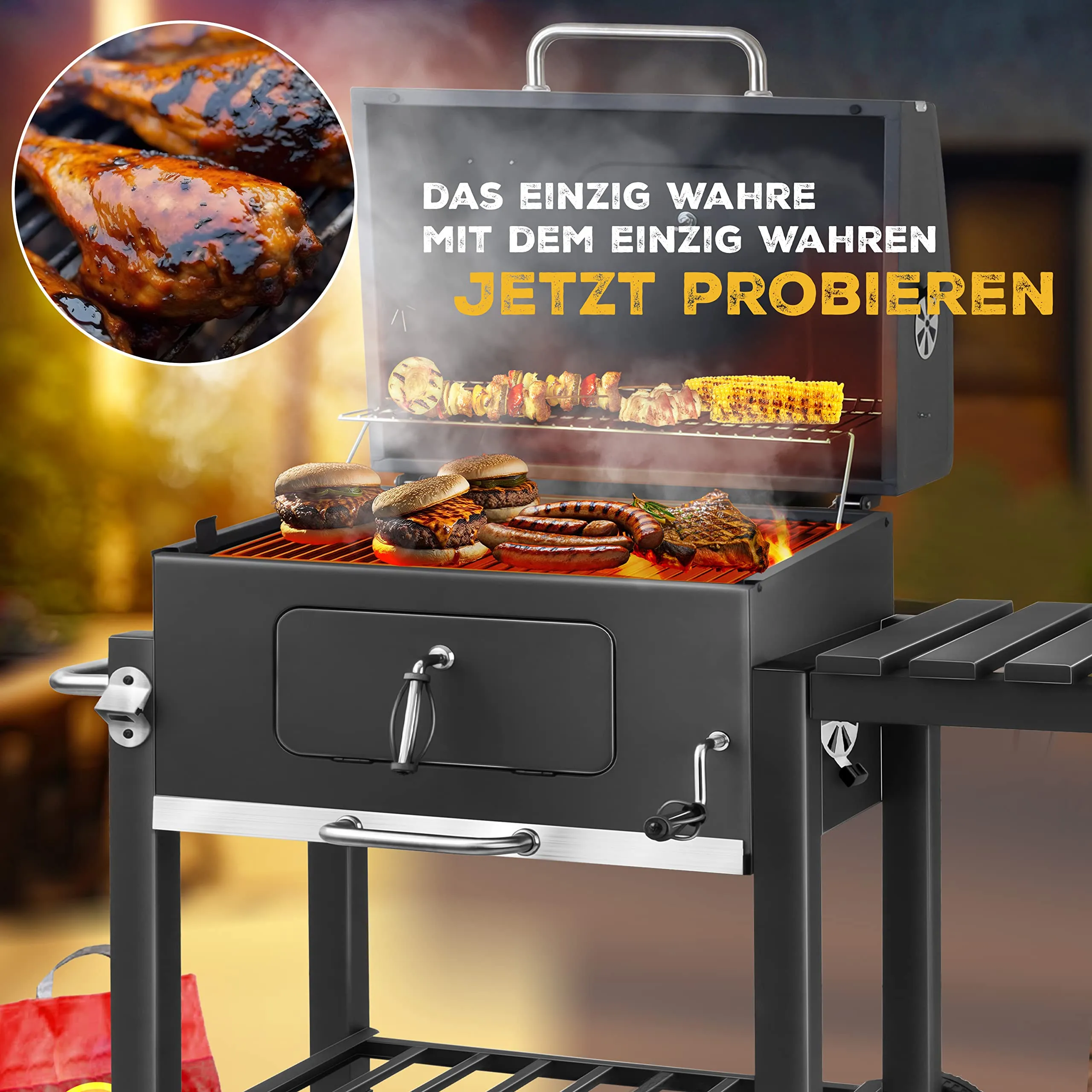 KESSER Barbecue a Carbonella XL con Carrello, Coperchio, Termometro e Manico in Acciaio Inox - immagine 2