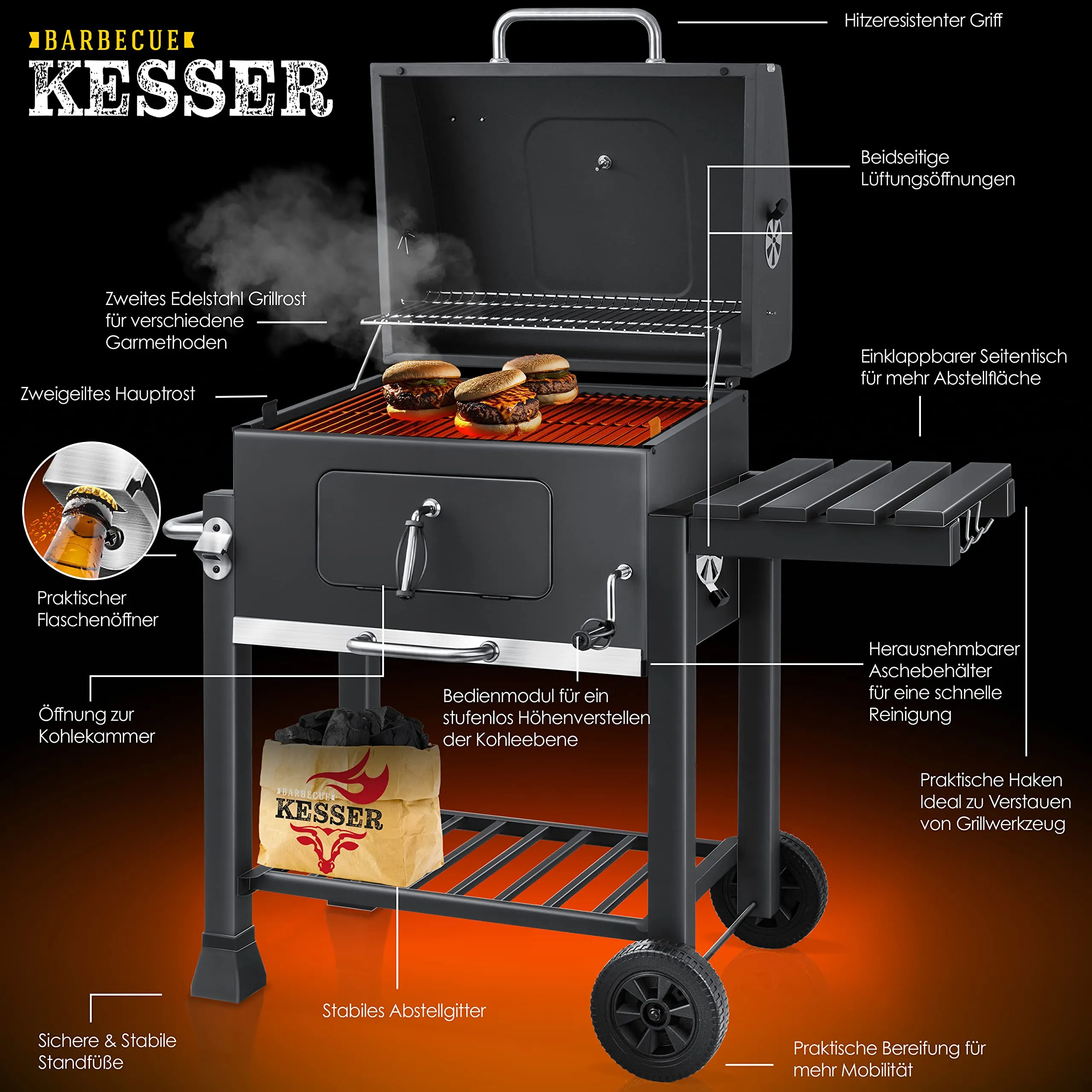 KESSER Barbecue a Carbonella XL con Carrello, Coperchio, Termometro e Manico in Acciaio Inox - immagine 3