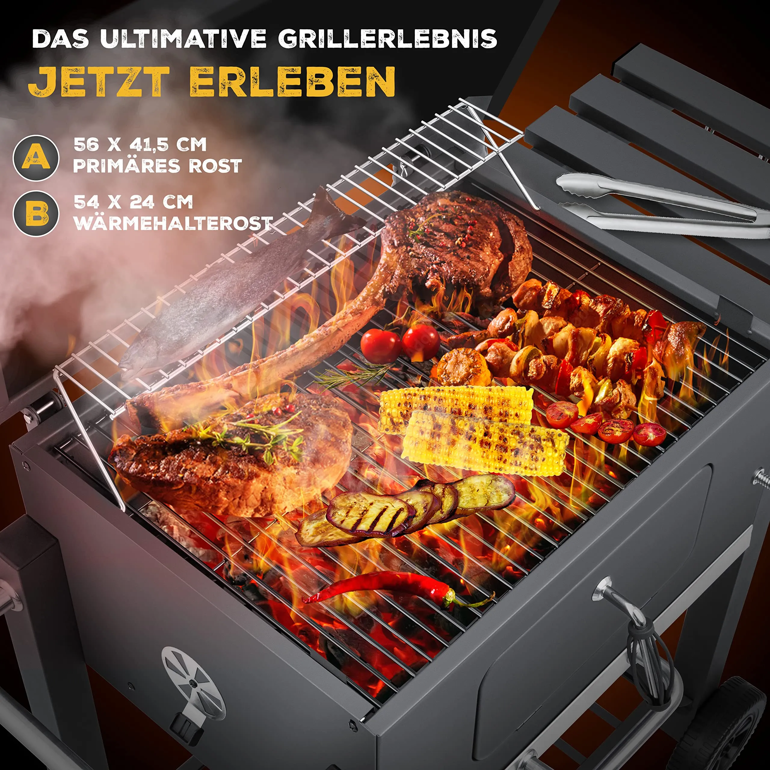 KESSER Barbecue a Carbonella XL con Carrello, Coperchio, Termometro e Manico in Acciaio Inox - immagine 4