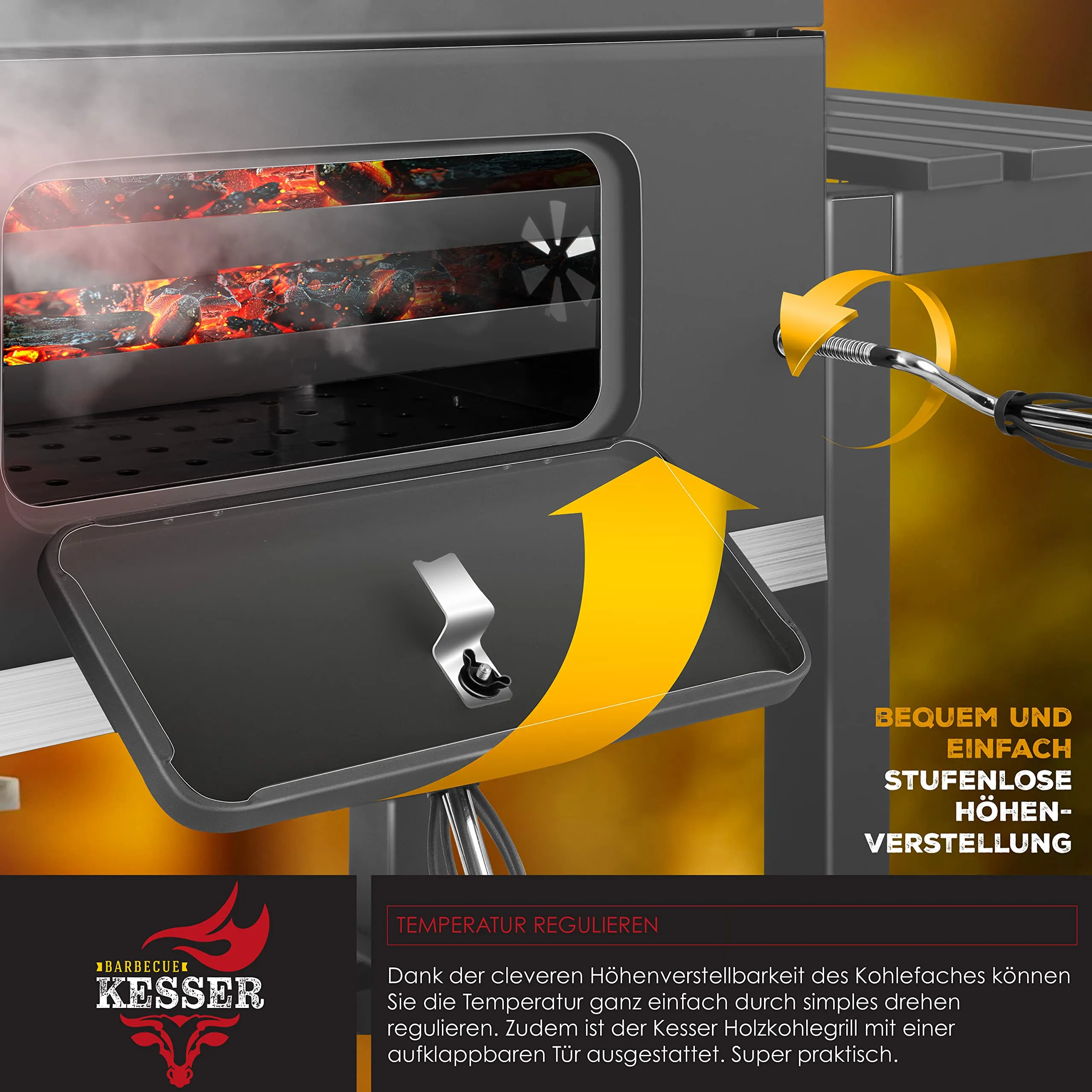 KESSER Barbecue a Carbonella XL con Carrello, Coperchio, Termometro e Manico in Acciaio Inox - immagine 5